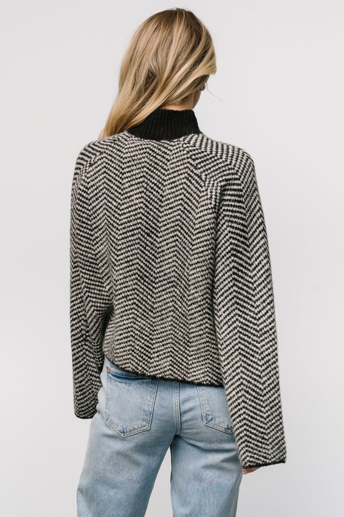 Black Stripe Knit Sweater with Ribbed Neck & Bell Sleeves | Trisha ...