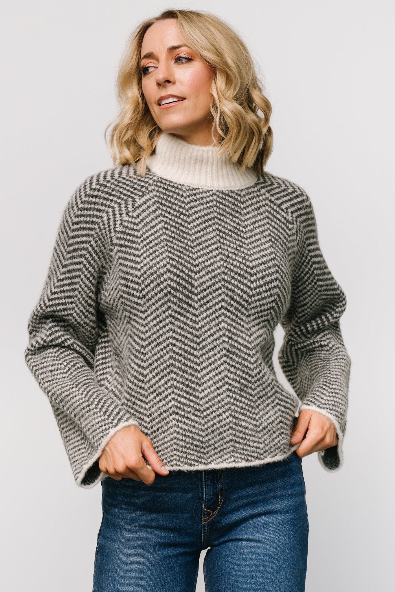 Cozy Knit Sweater with Ribbed Mock Neck & Bell Sleeves | Ivory Stripe