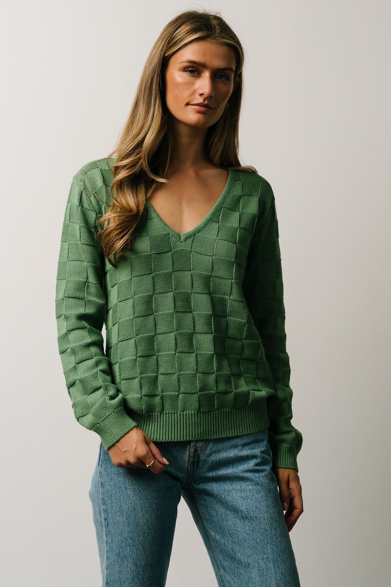 Green Knit Sweater with Checkerboard Pattern & V Neckline | Troy