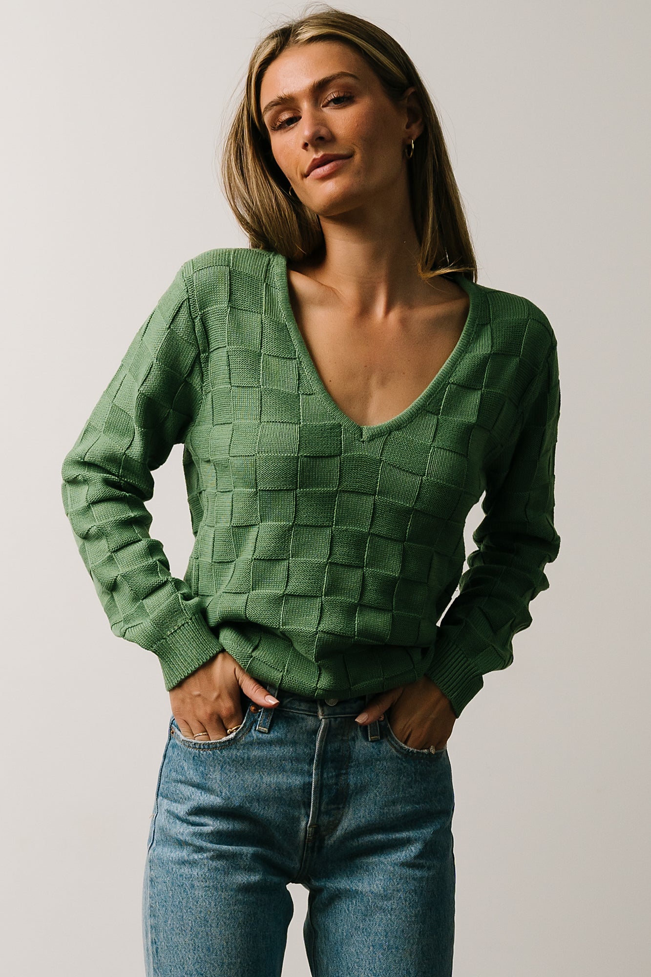 Green Knit Sweater with Checkerboard Pattern & V Neckline | Troy