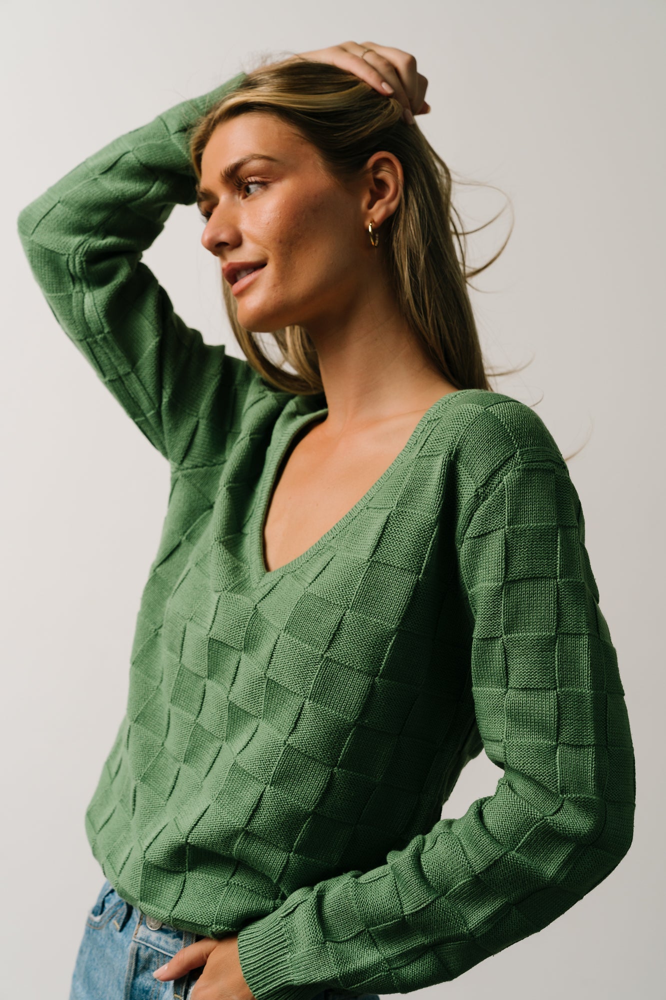 Green Knit Sweater with Checkerboard Pattern & V Neckline | Troy