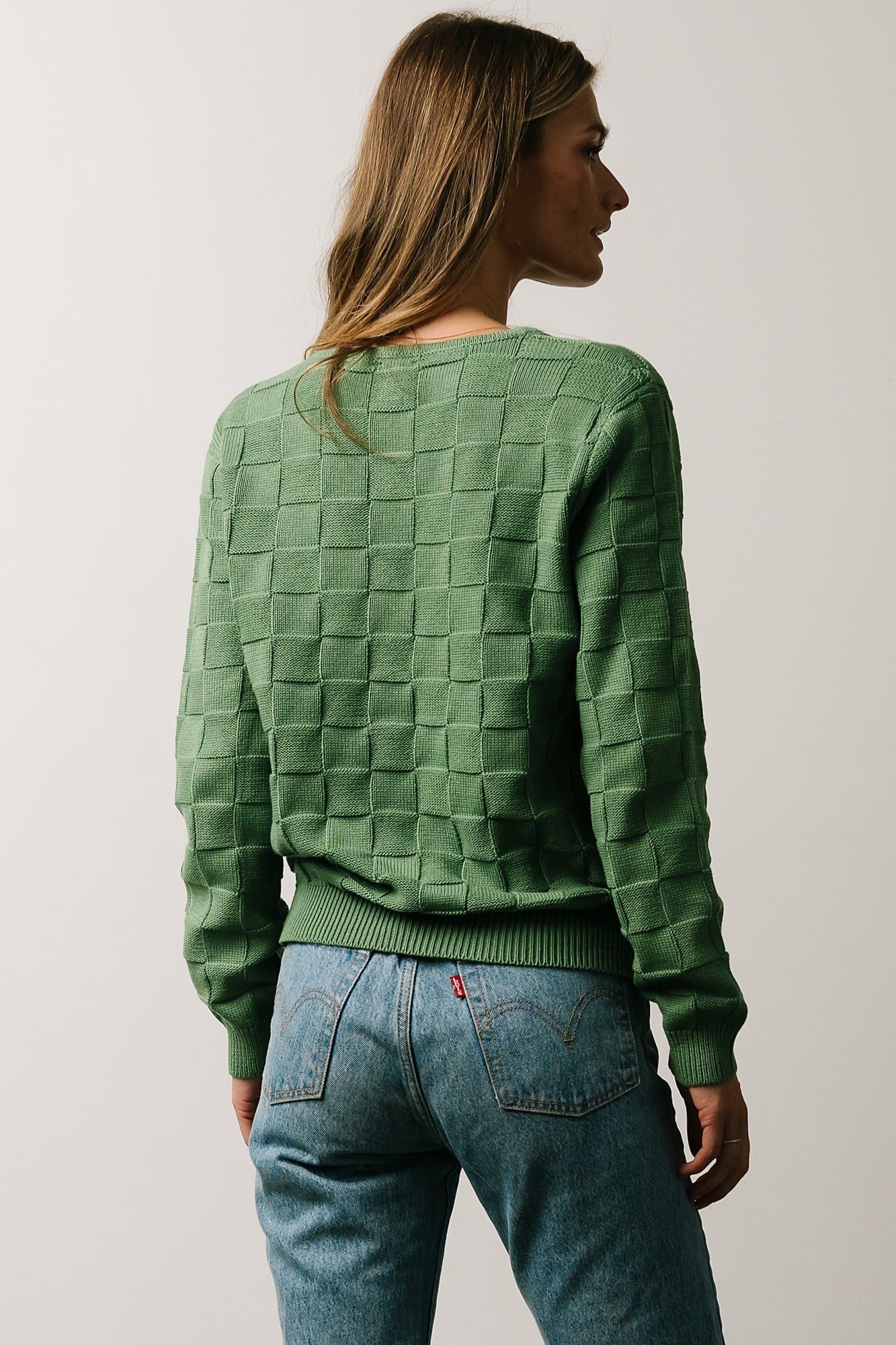 Green Knit Sweater with Checkerboard Pattern & V Neckline | Troy
