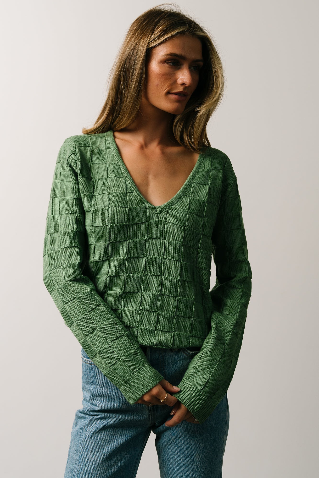 Green Knit Sweater with Checkerboard Pattern & V Neckline | Troy
