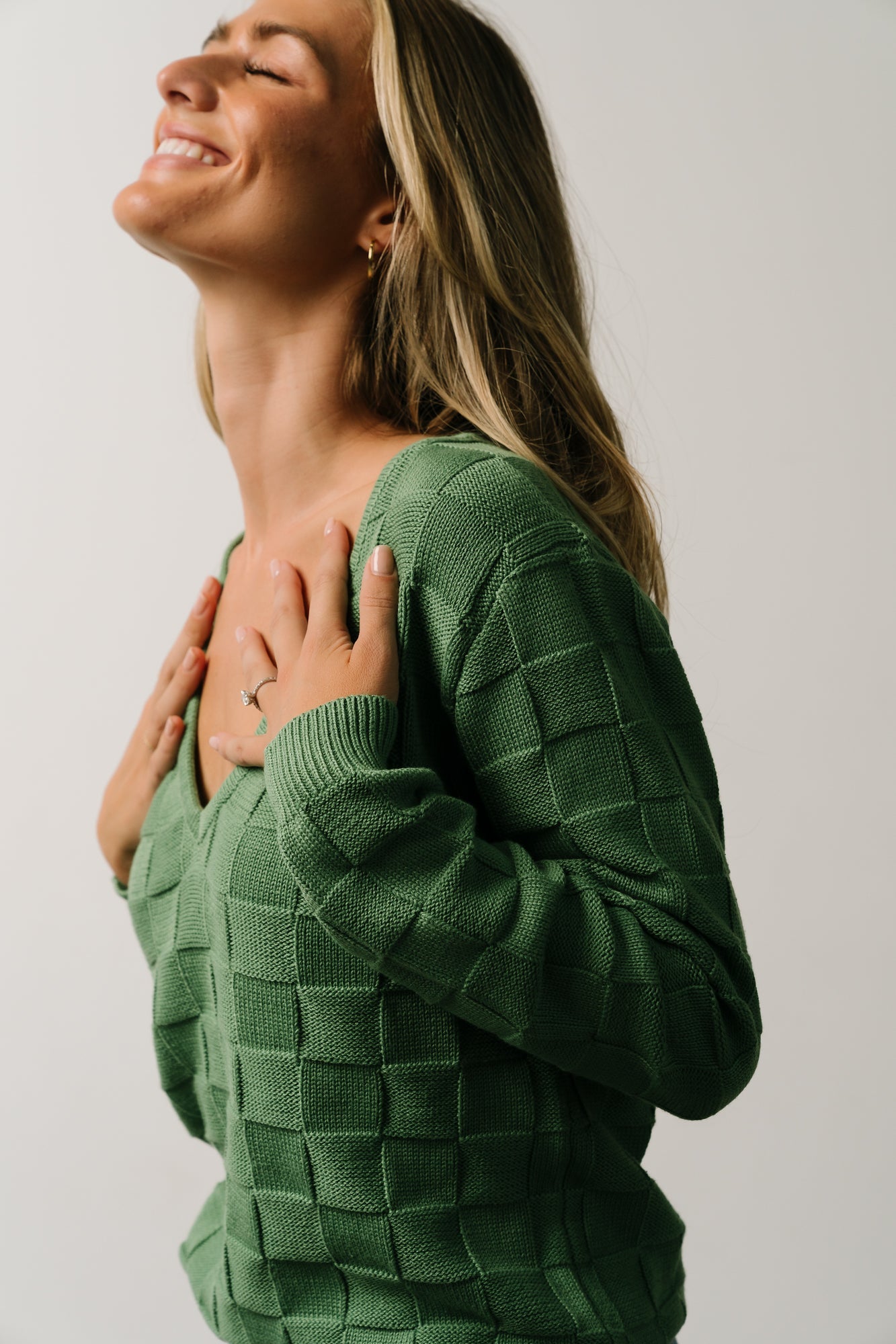 Green Knit Sweater with Checkerboard Pattern & V Neckline | Troy