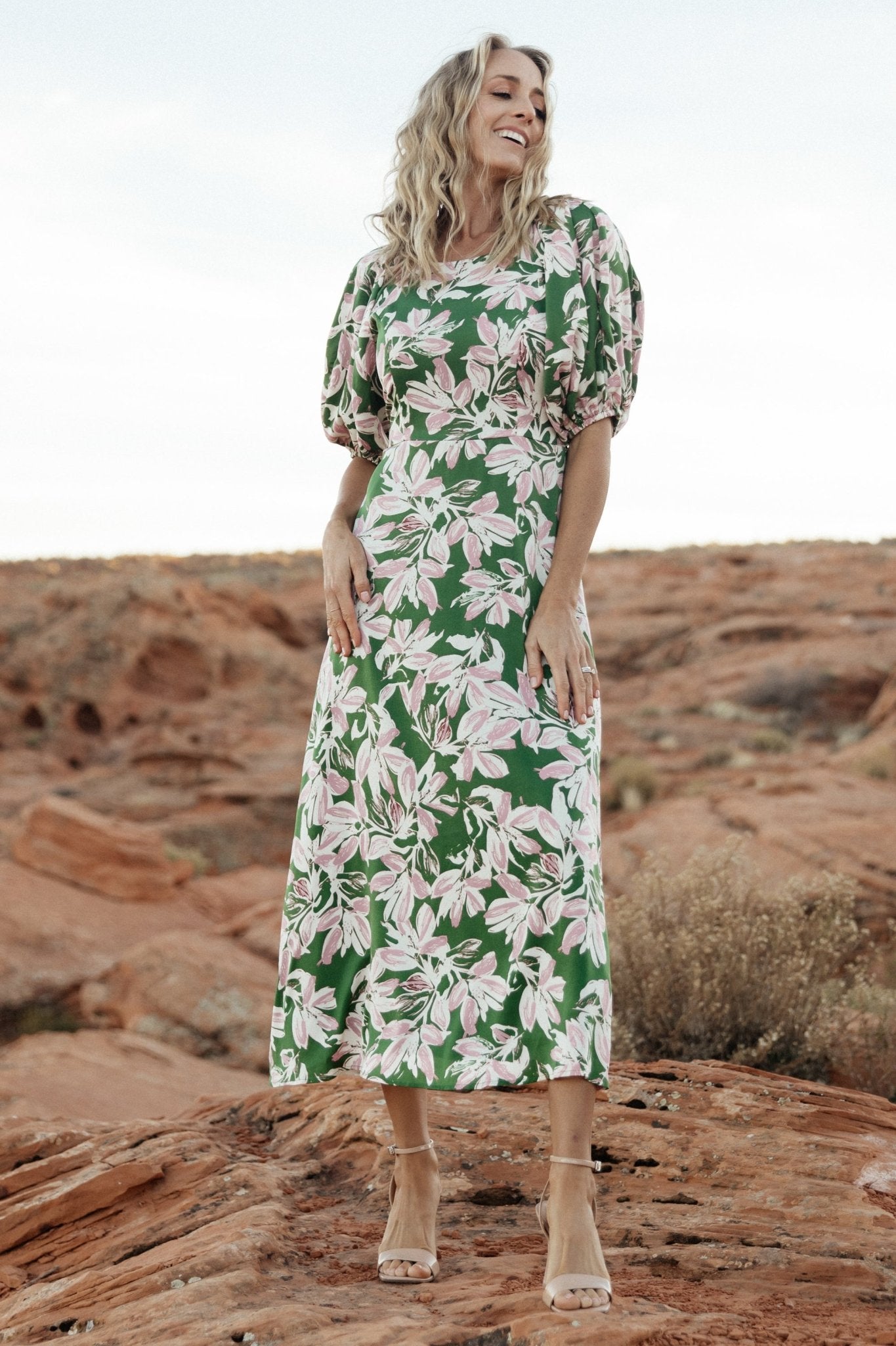 Floral Print Midi Dress with Bubble Sleeves & Tie Waist | Tucson