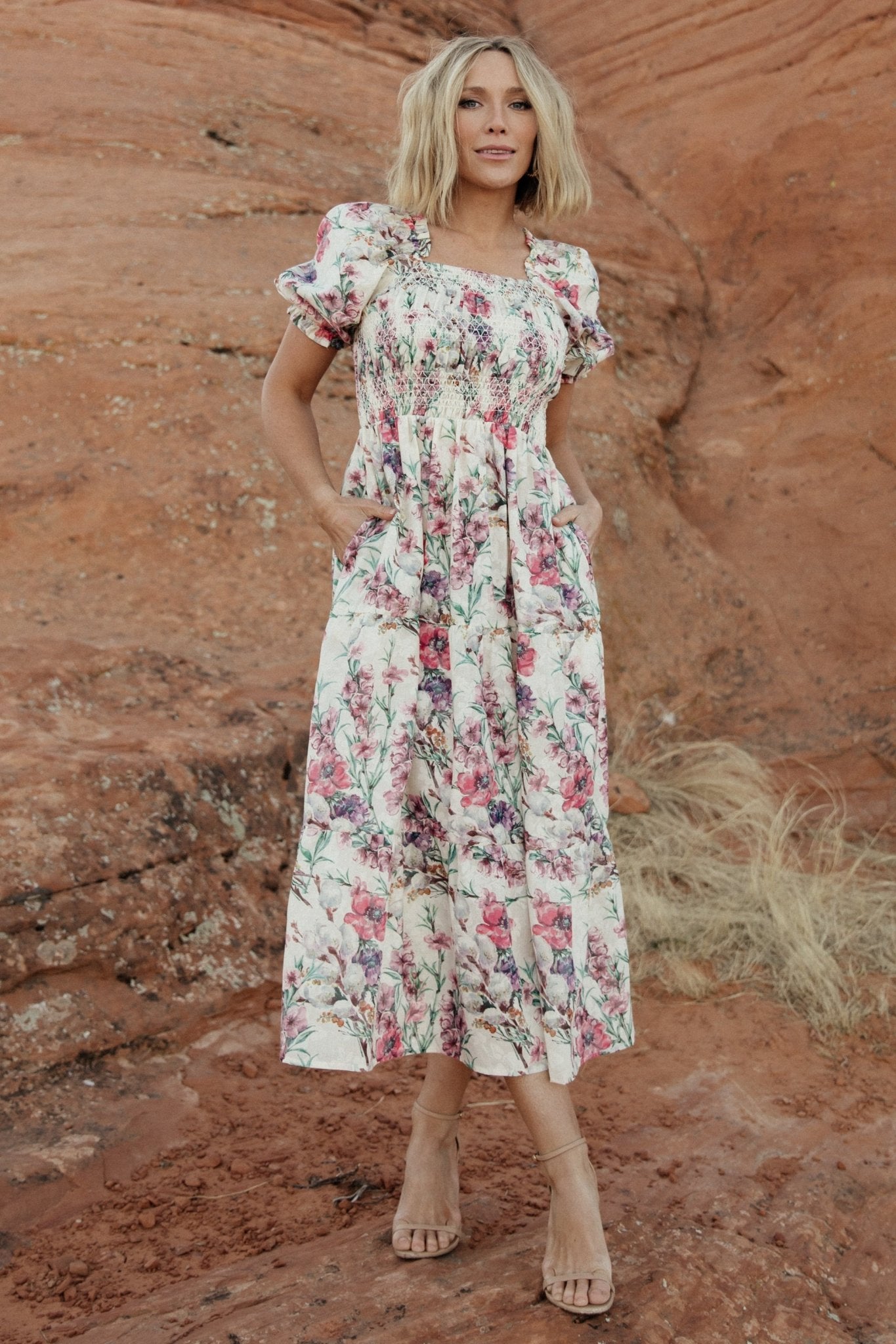 Floral Smocked Midi Dress with Pockets & Adjustable Sleeves | Baltic Born