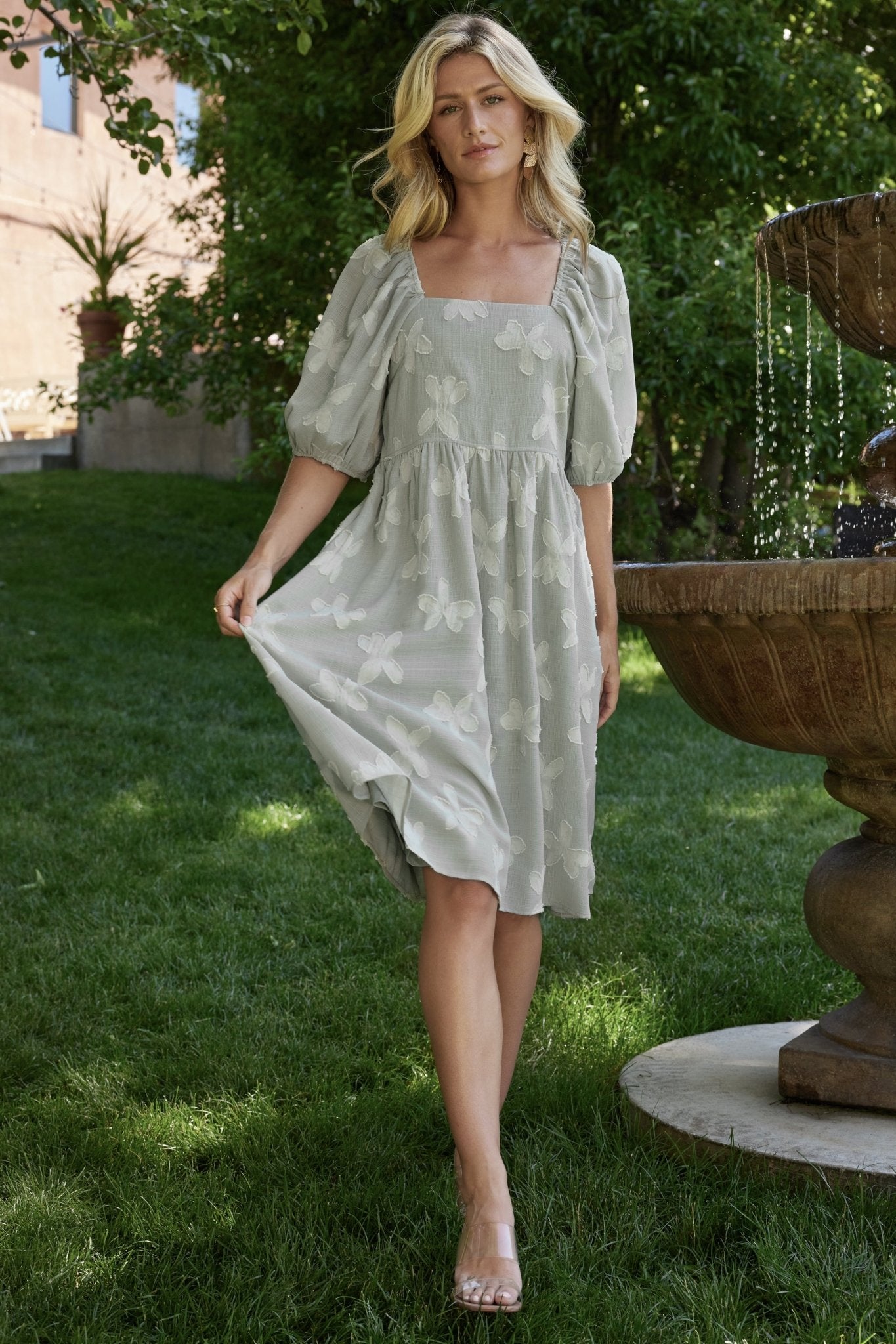Sage Green Floral Short Dress with Puff Sleeves & Pockets | Baltic Born