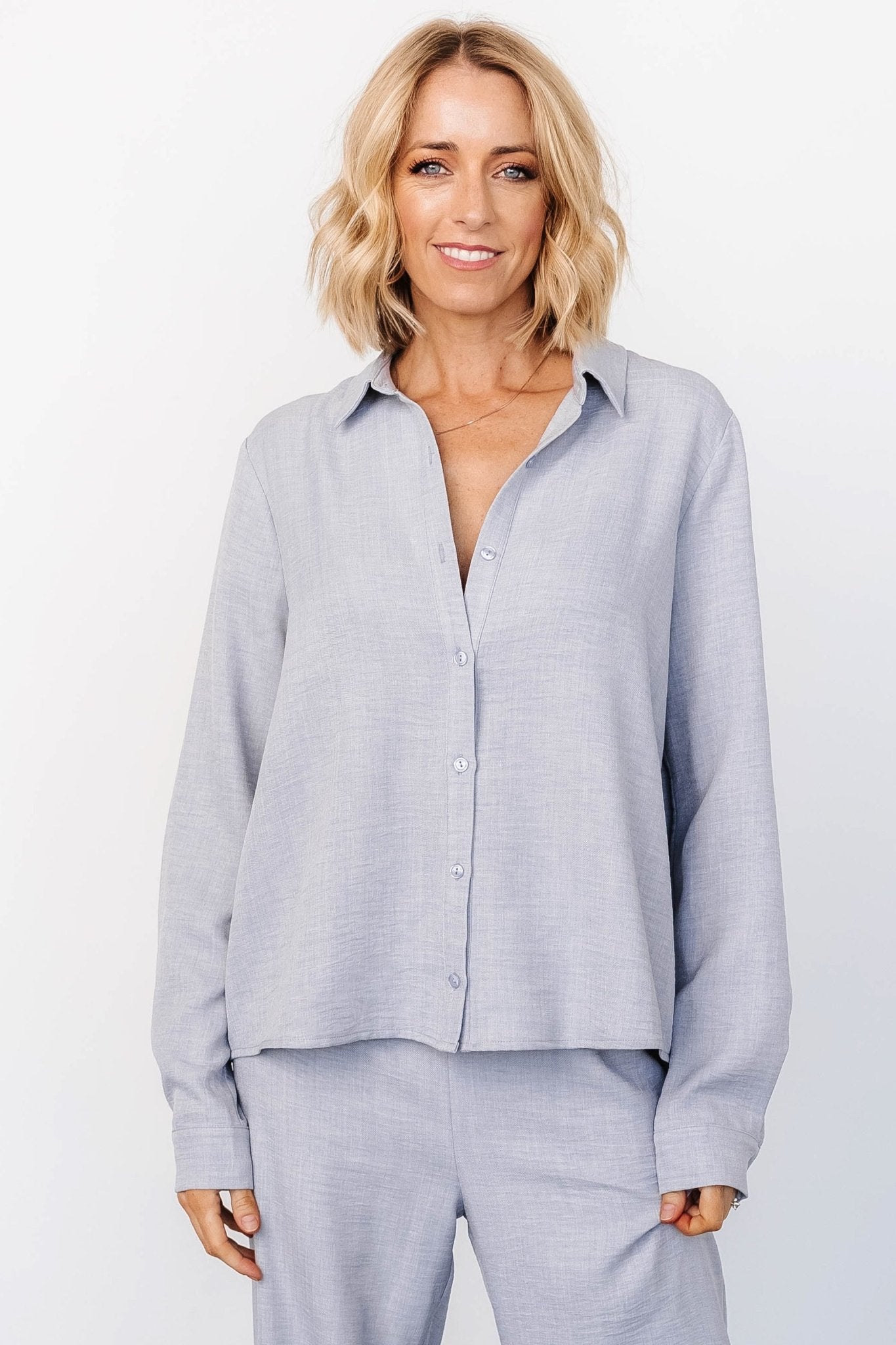 Light Blue Gray Button-Up Top | Linen-Like & Relaxed Fit | Baltic Born
