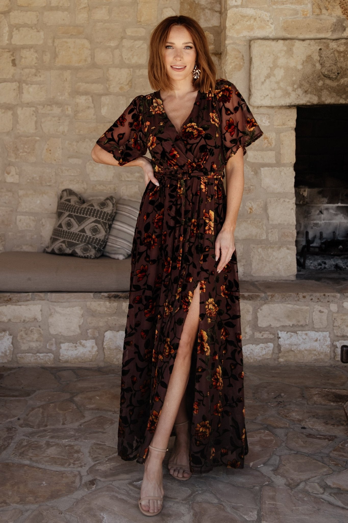 Velvet Maxi Dress with Floral Print & Leg Slit | Clove + Amber