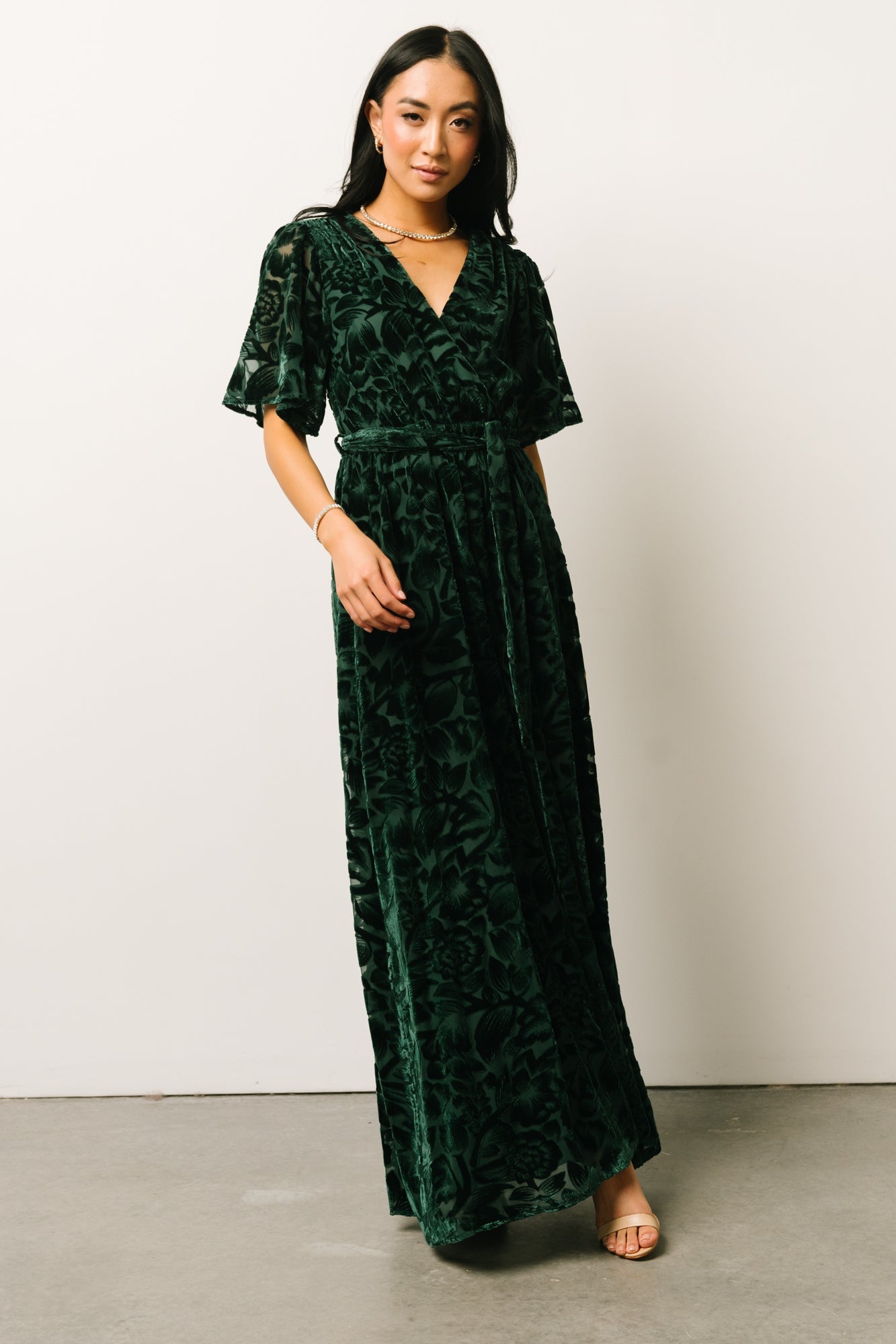 Dark Green Velvet Maxi Dress with Floral Detail | Baltic Born