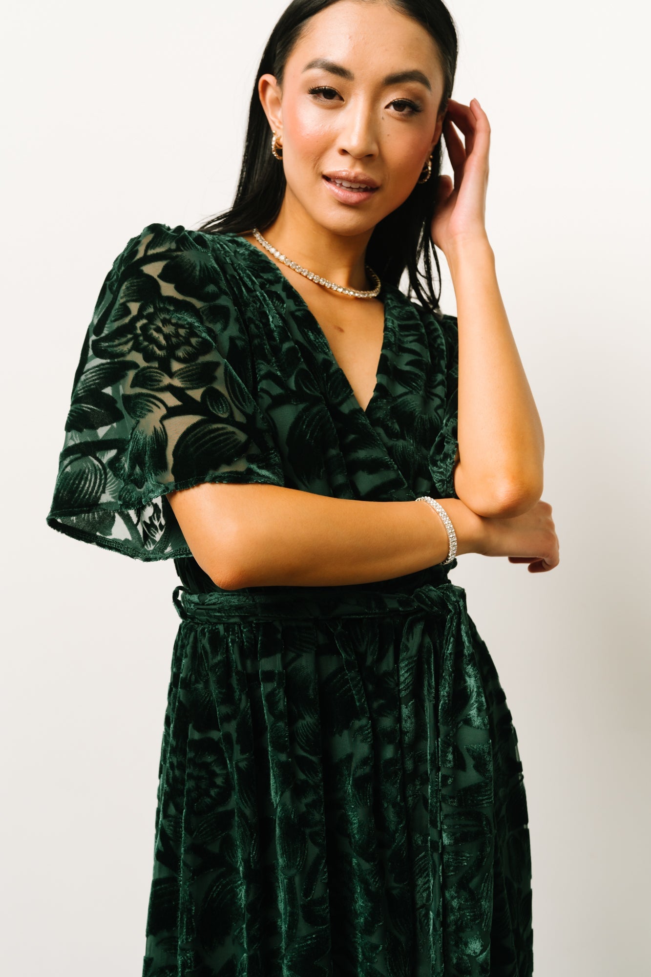 Dark Green Velvet Maxi Dress with Floral Detail | Baltic Born