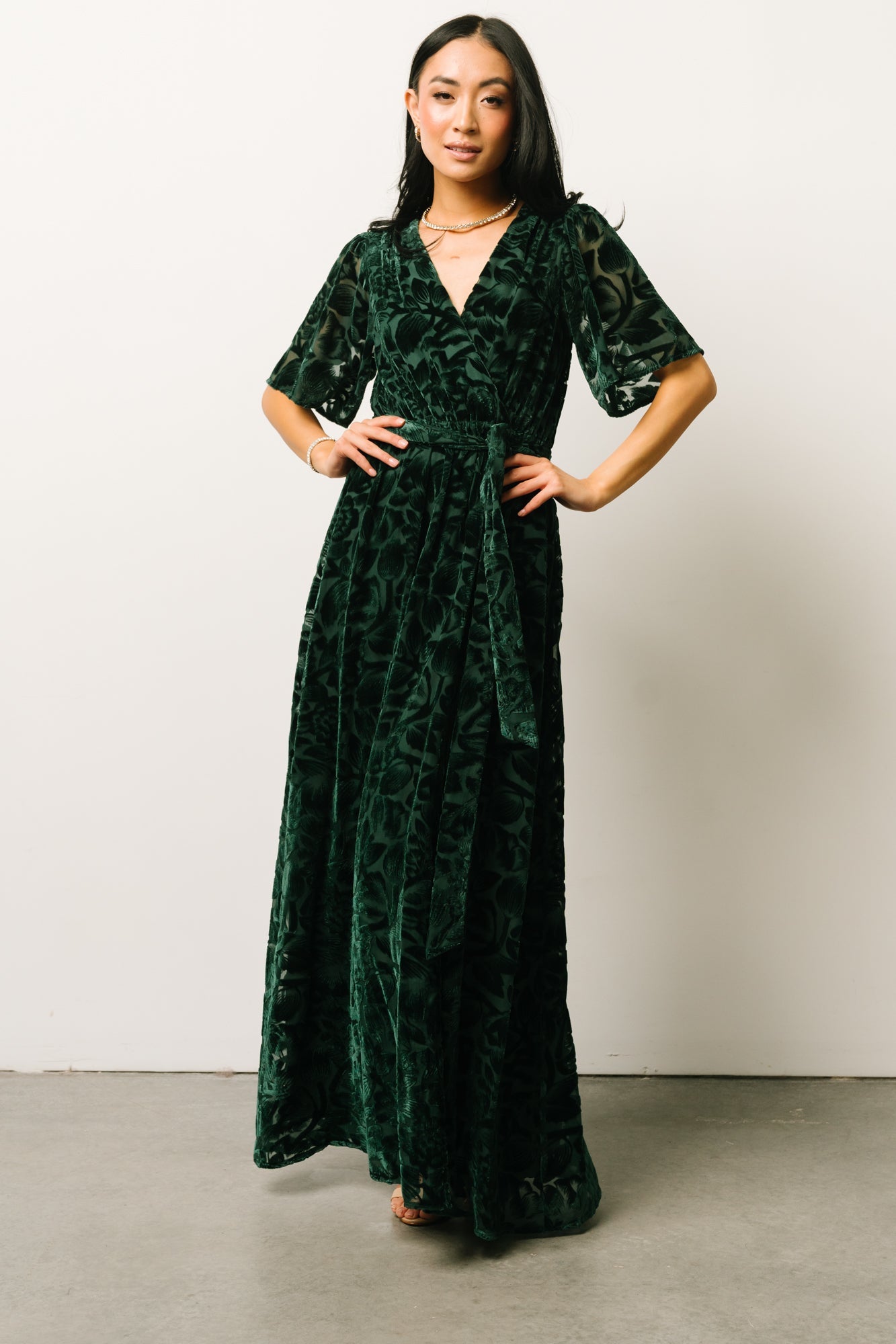 Dark Green Velvet Maxi Dress with Floral Detail | Baltic Born