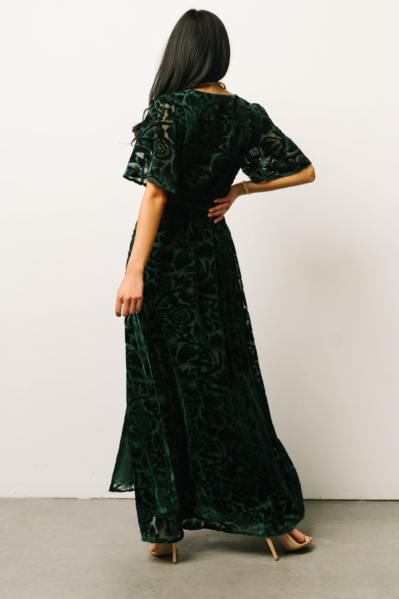 Dark Green Velvet Maxi Dress with Floral Detail | Baltic Born