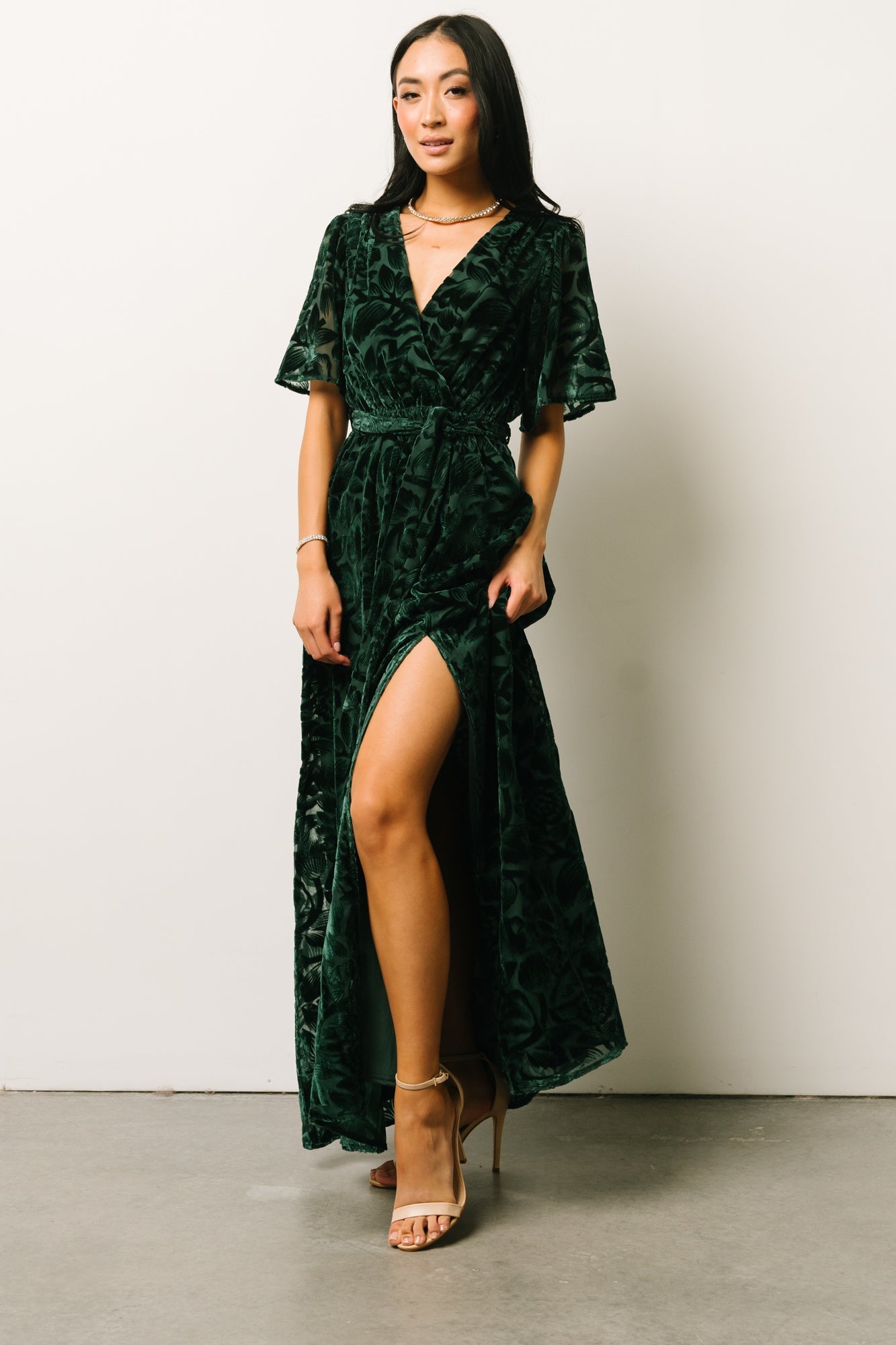 Dark Green Velvet Maxi Dress with Floral Detail | Baltic Born