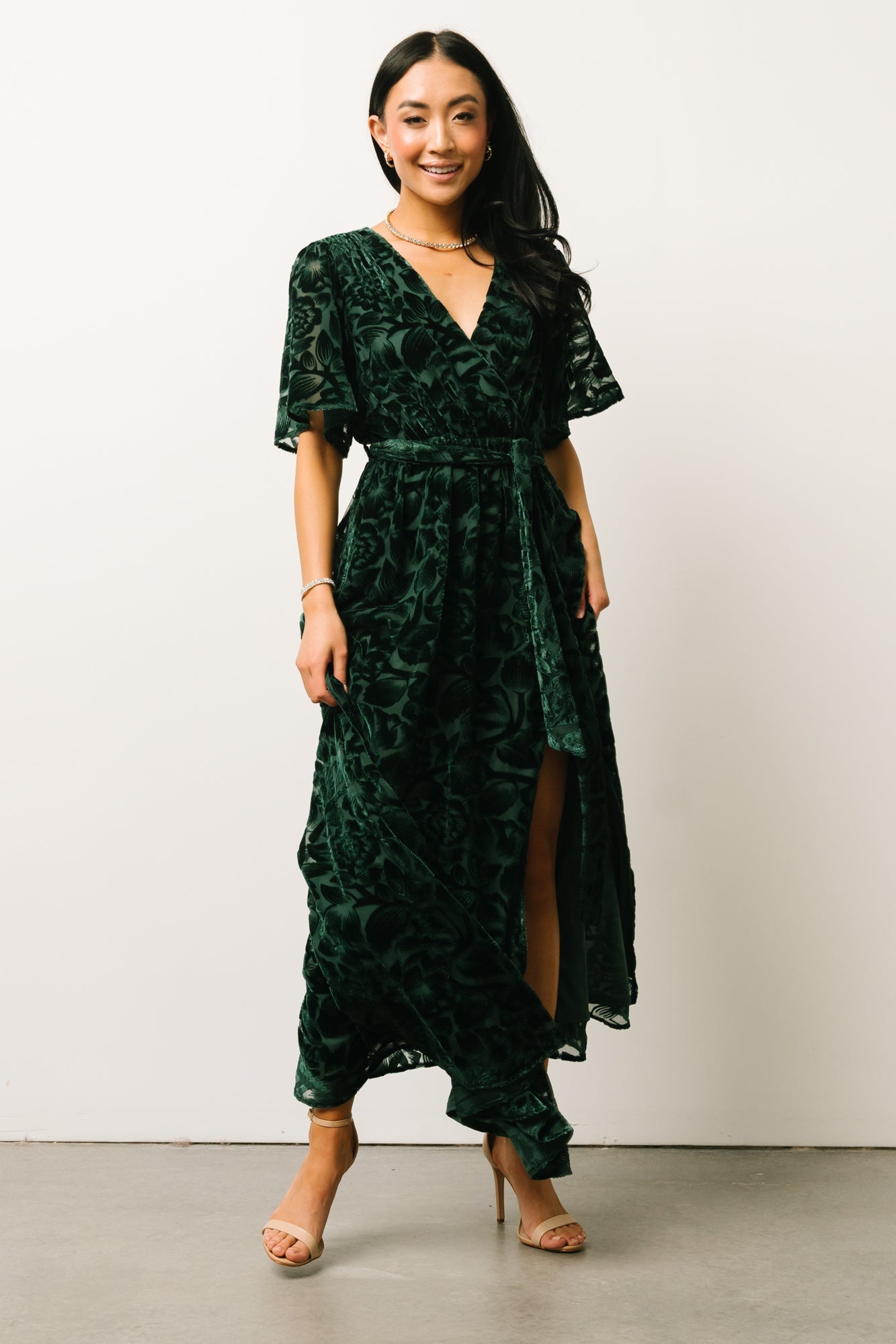 Dark Green Velvet Maxi Dress with Floral Detail | Baltic Born