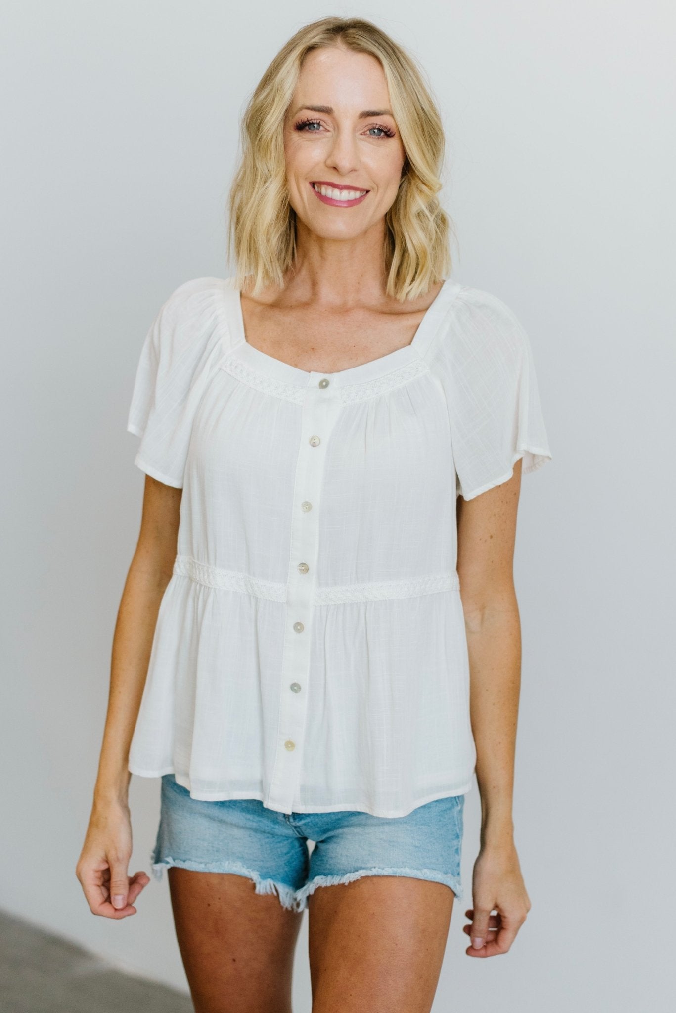 Off-White Square Neck Button-Up Top with Lace Trim | Baltic Born