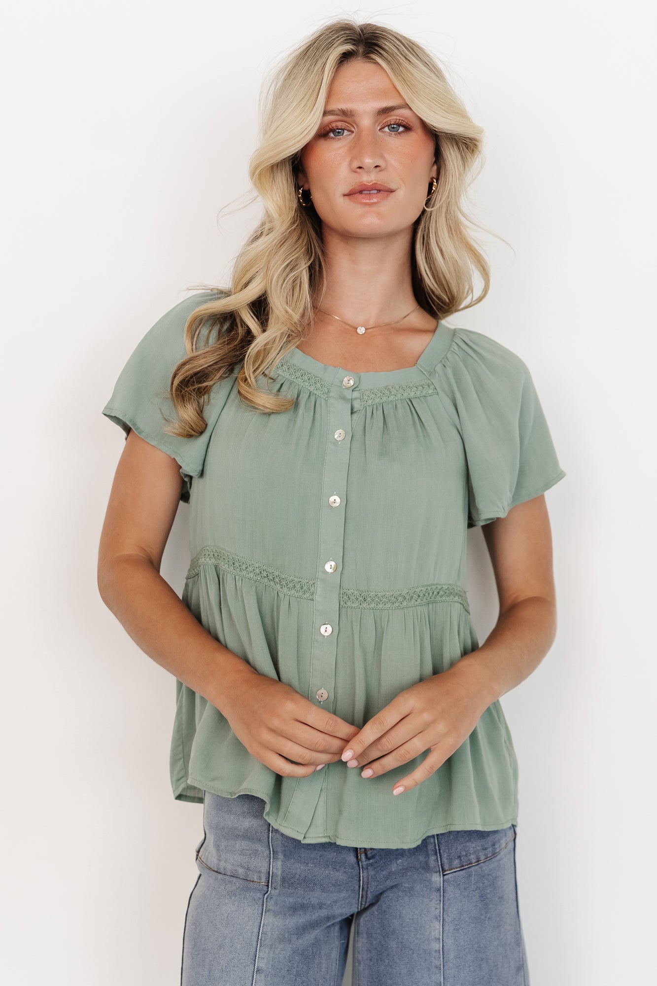 Sage Green Button Up Blouse with Lace Trim & Peplum Style | Unity