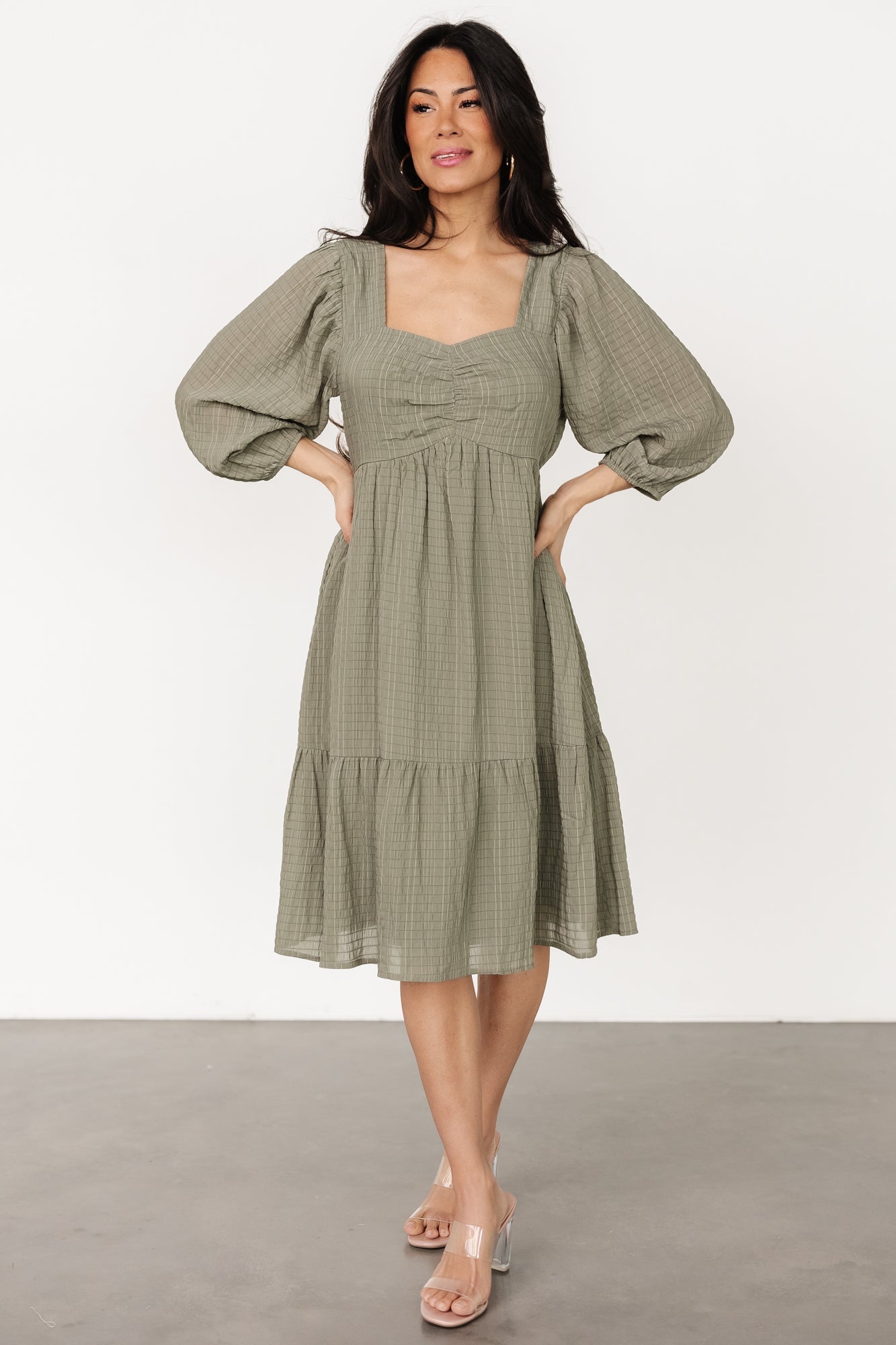 Olive Green Crepe Midi Dress with Pockets & Sweetheart Neckline | Vaeda
