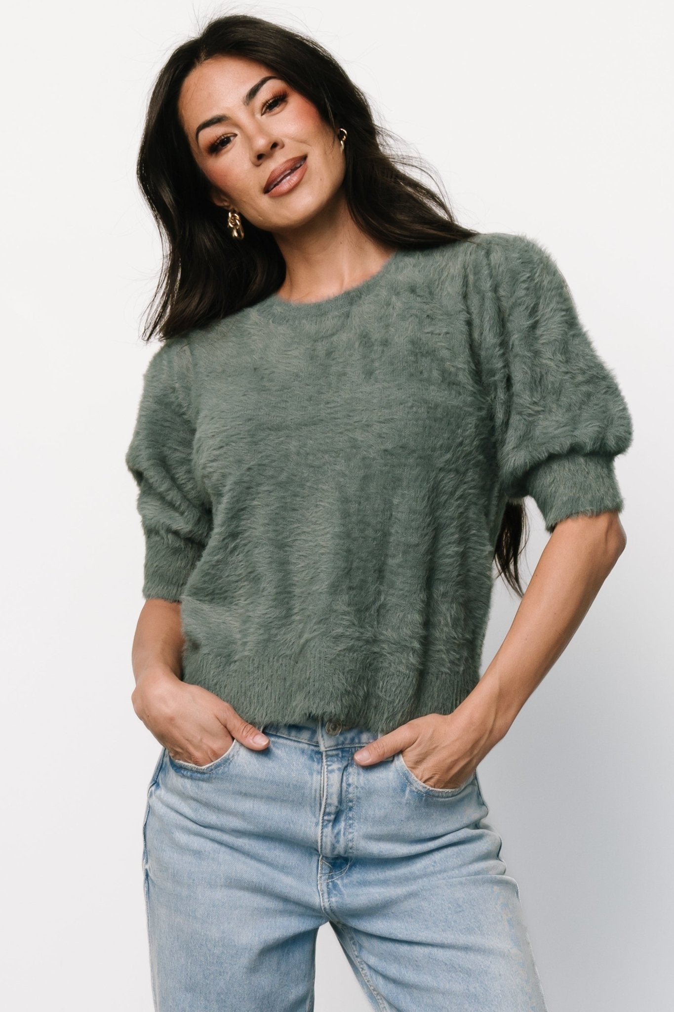 Soft Fuzzy Cropped Sweater Top in Dusty Teal | Vail Winter Green