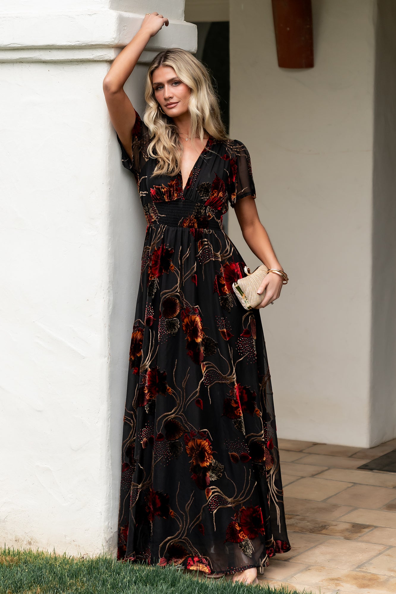 Black Multi Floral Maxi Dress with Flutter Sleeves | Valen