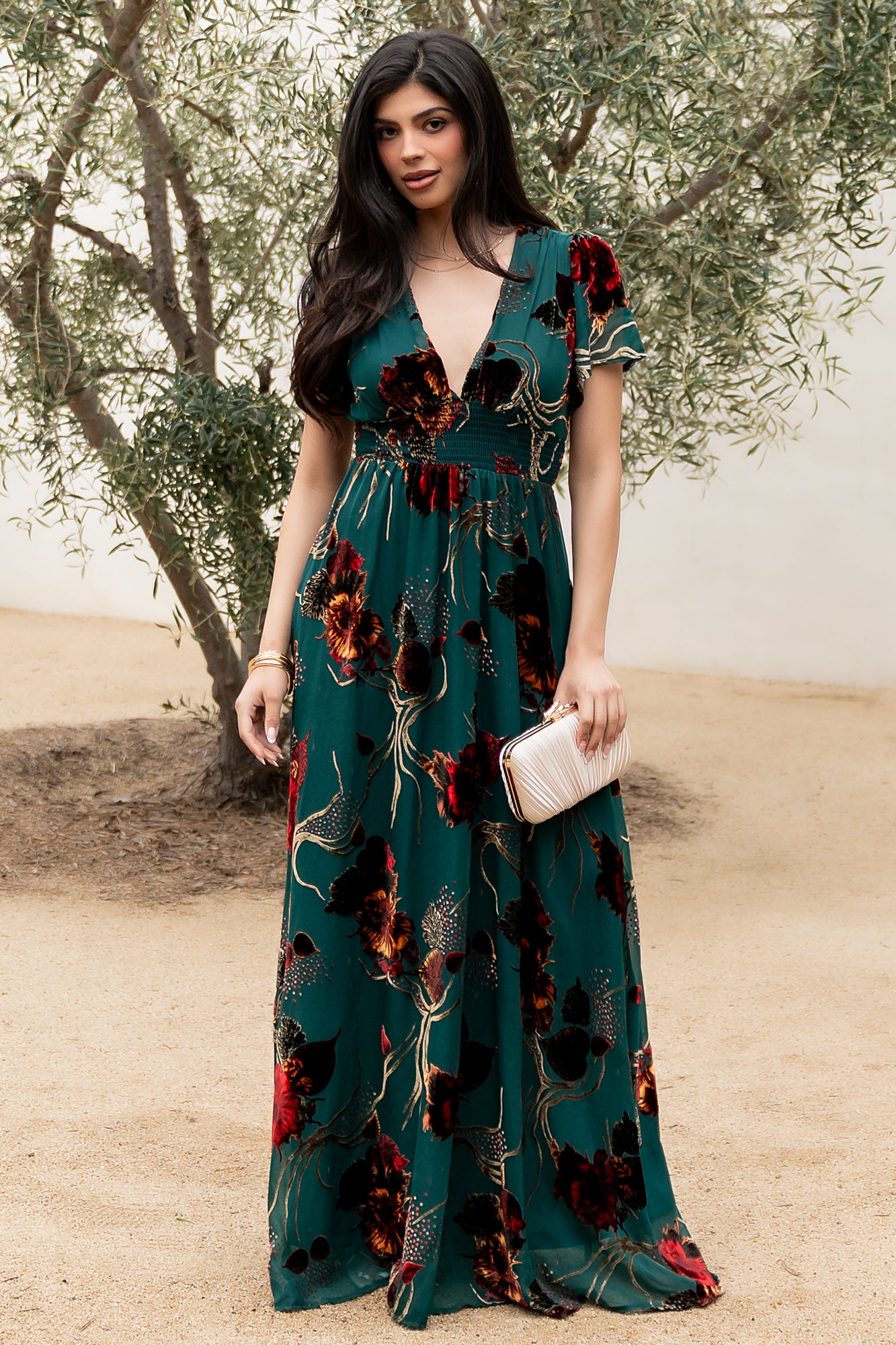 Flowy Maxi Dress with Flutter Sleeves & Smocked Waist | Valen