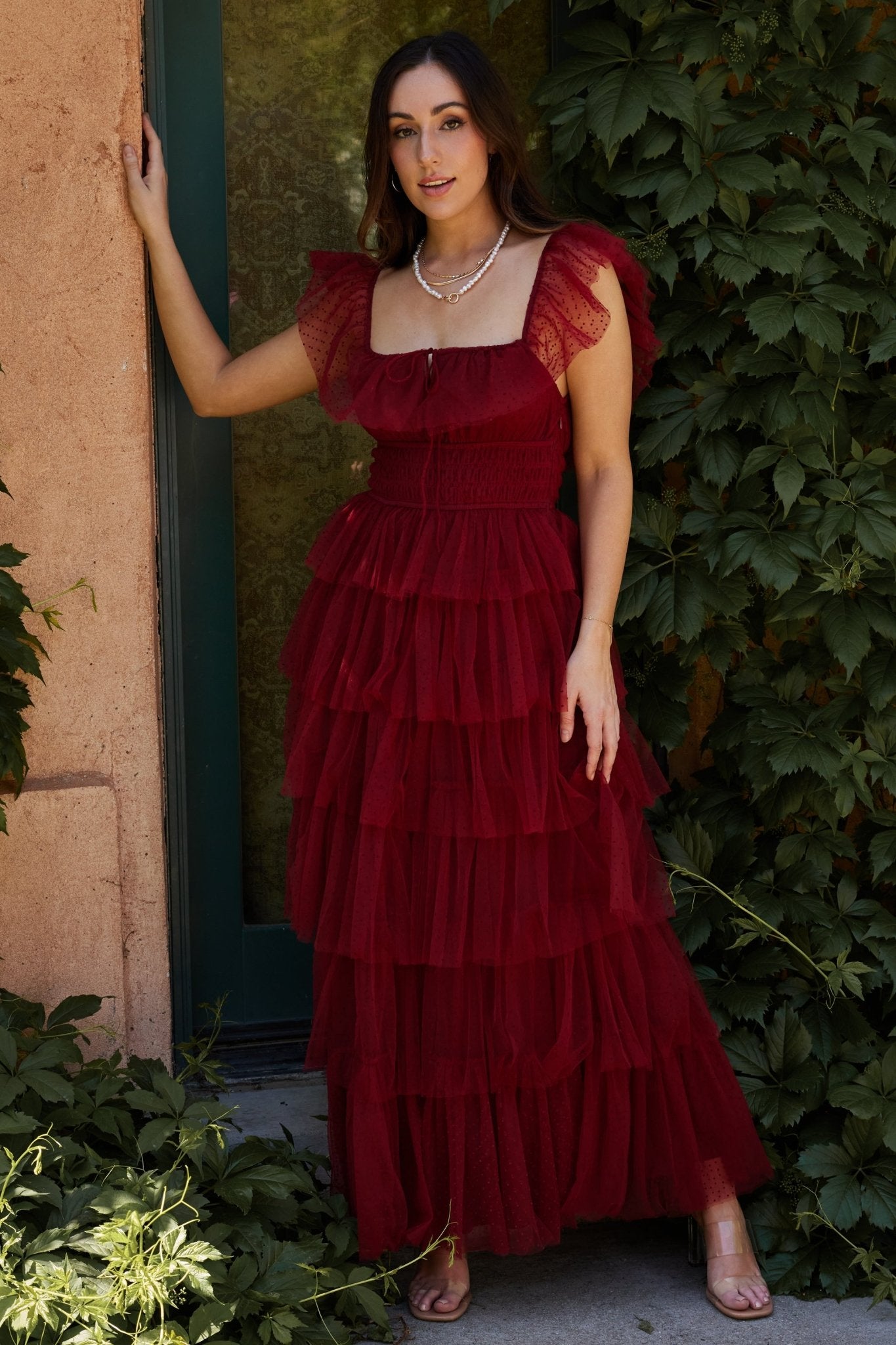 Swiss Dot Tulle Maxi Dress with Velvet Trim | Valora