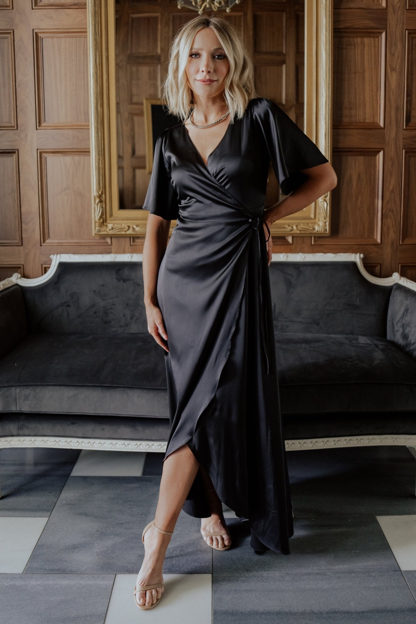 Black Satin Maxi Wrap Dress with Flutter Sleeves | Vara