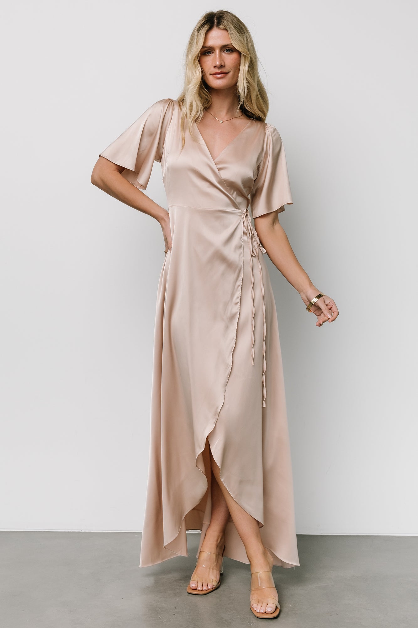Champagne Satin Maxi Wrap Dress with Flutter Sleeves | Vara
