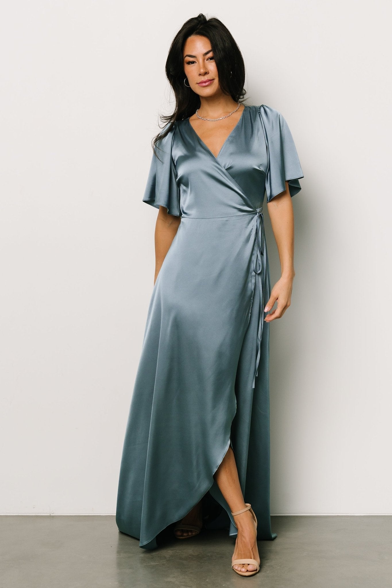 Dusty Blue Satin Maxi Wrap Dress with Flutter Sleeves | Baltic Born
