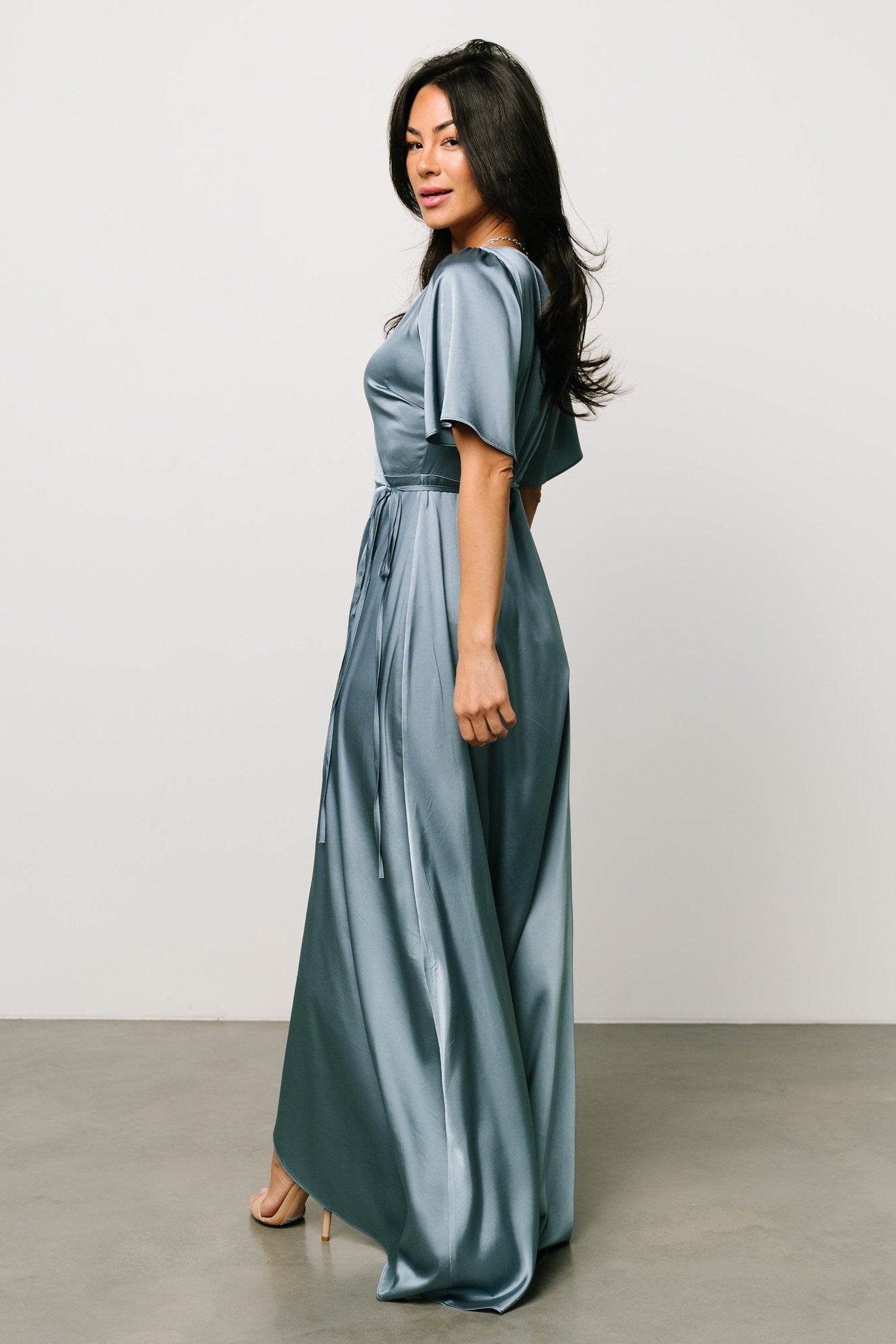 Dusty Blue Satin Maxi Wrap Dress with Flutter Sleeves | Baltic Born