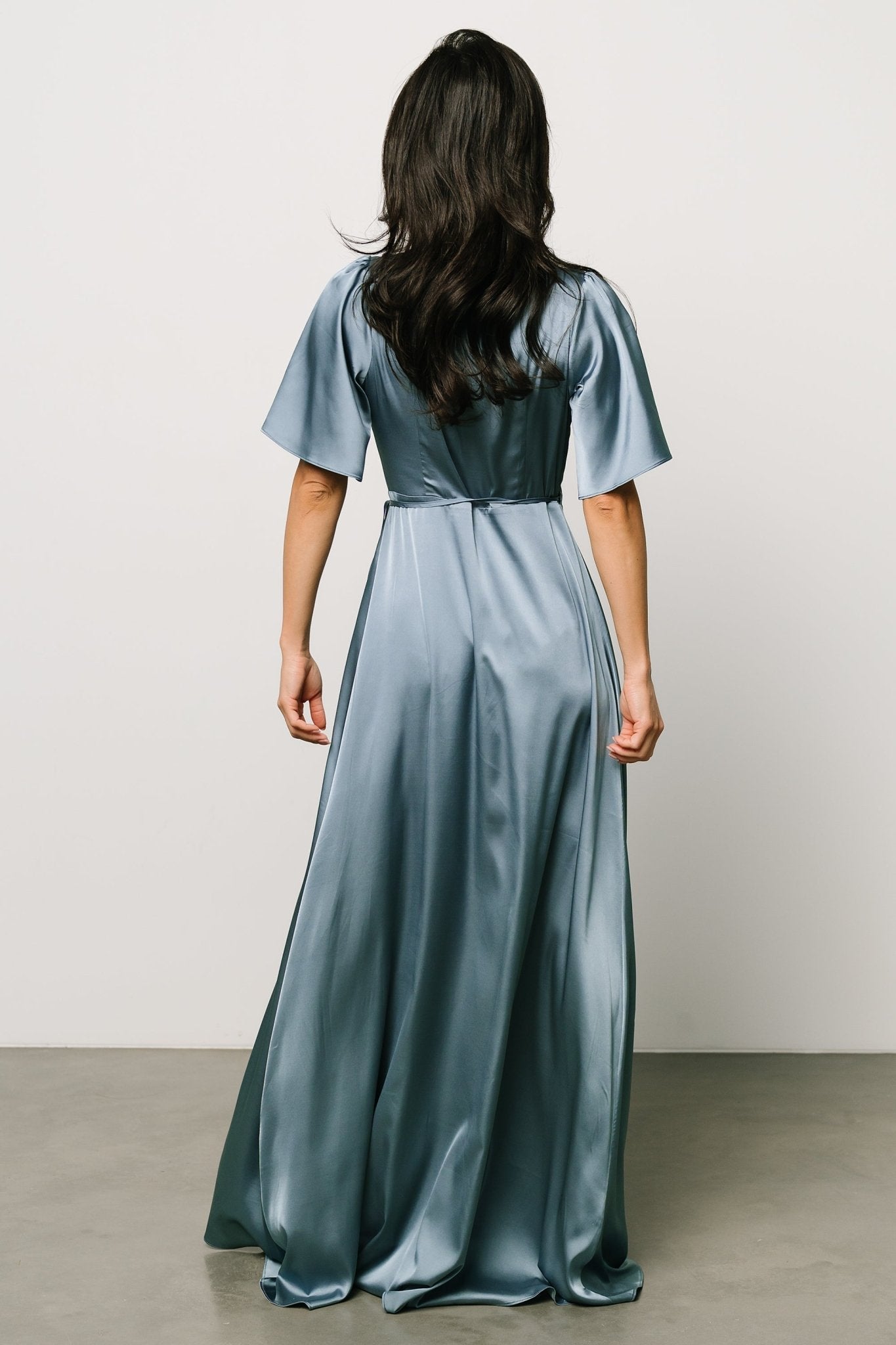 Dusty Blue Satin Maxi Wrap Dress with Flutter Sleeves | Baltic Born
