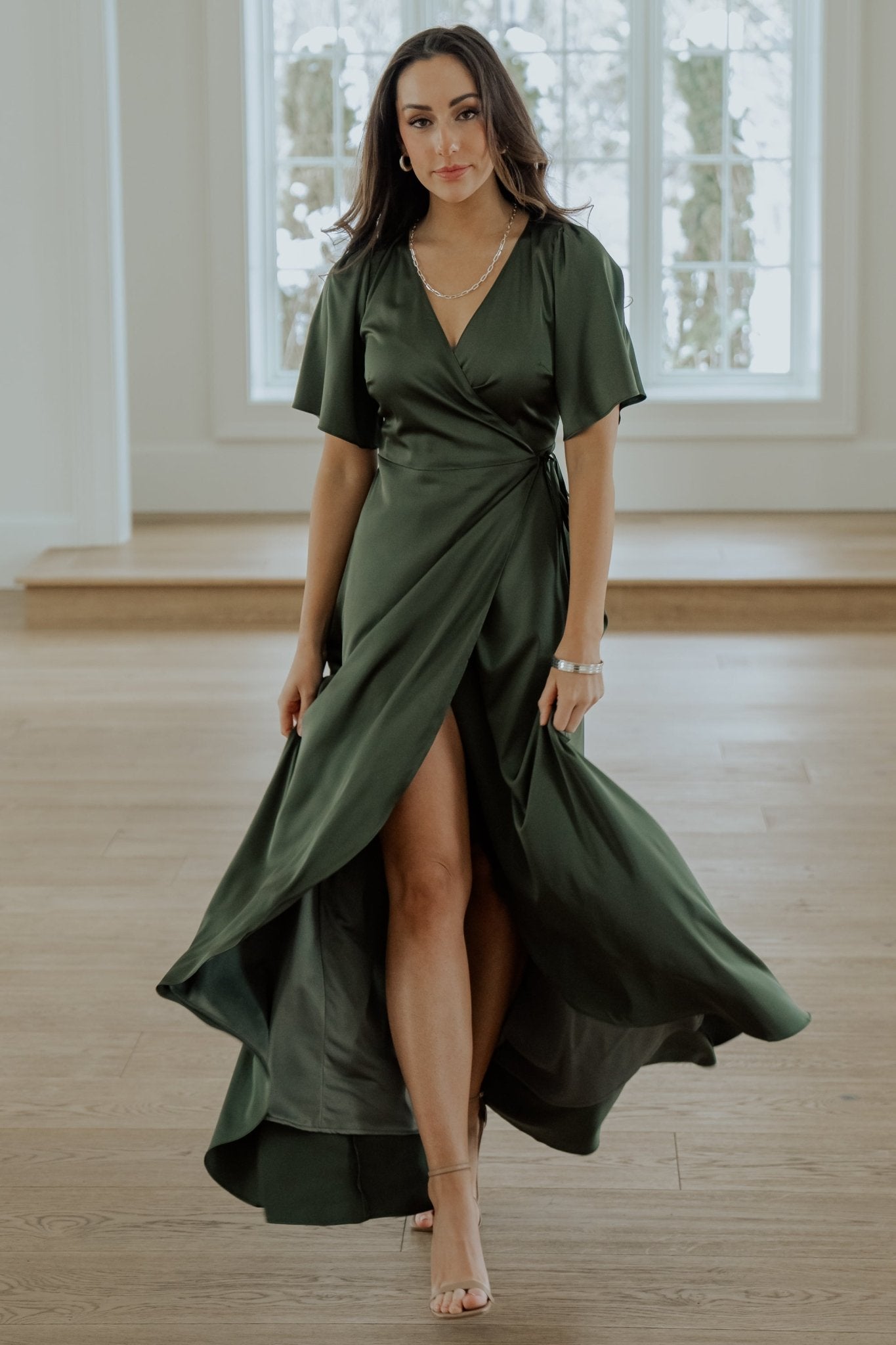 Juniper Green Satin Maxi Wrap Dress with Flutter Sleeves | Baltic Born