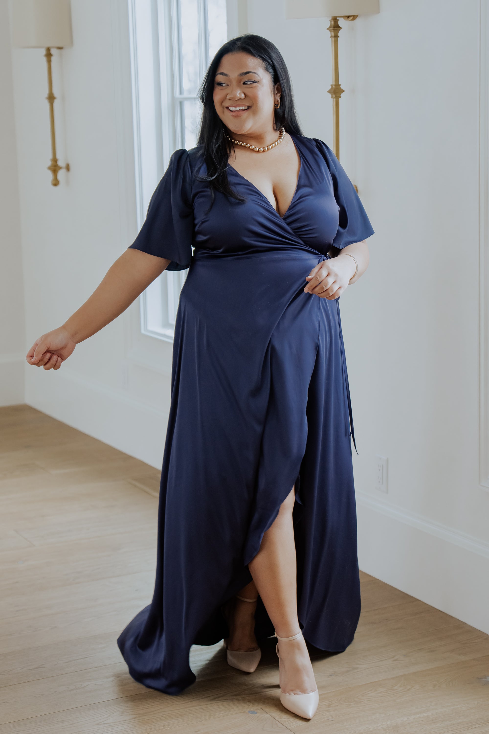 Satin Maxi Wrap Dress with Flutter Sleeves & Waist Tie | Baltic Born