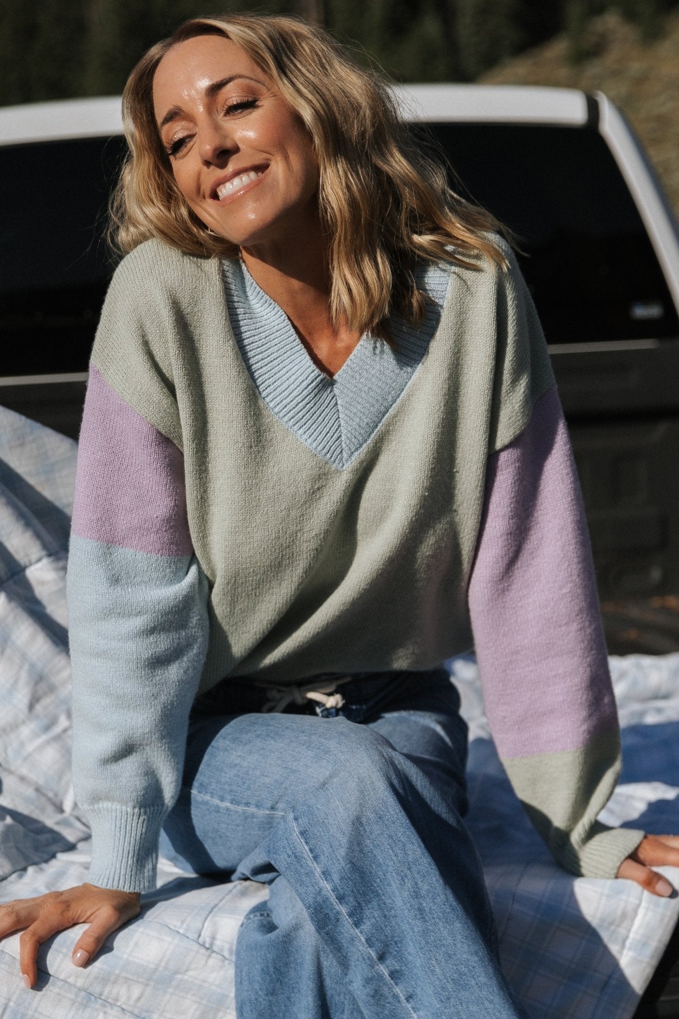 Color Block V-Neck Sweater in Sage & Blue | Soft Stretch Knit