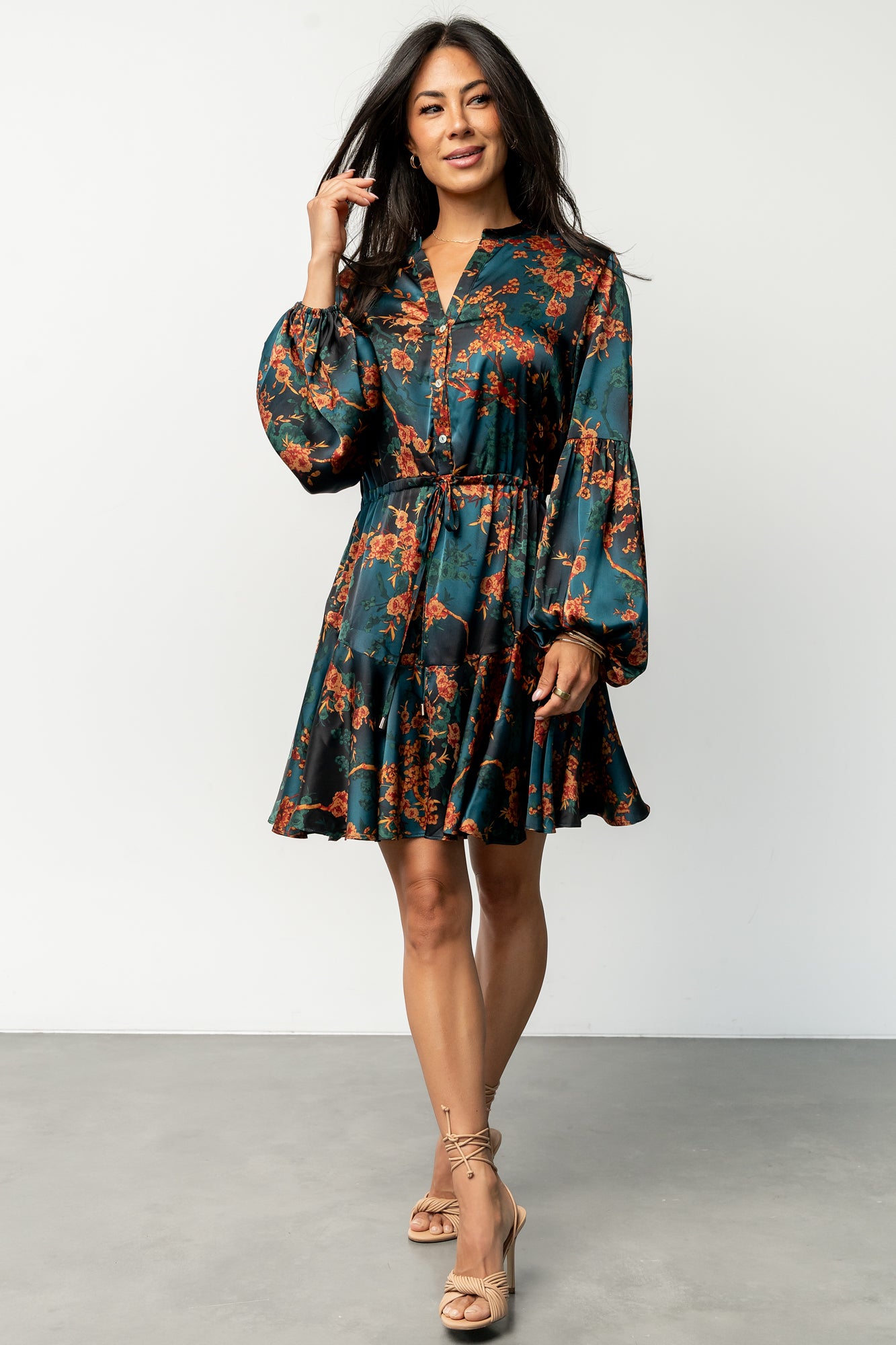 Floral Satin Short Dress with Drawstring Waist | Venice Style