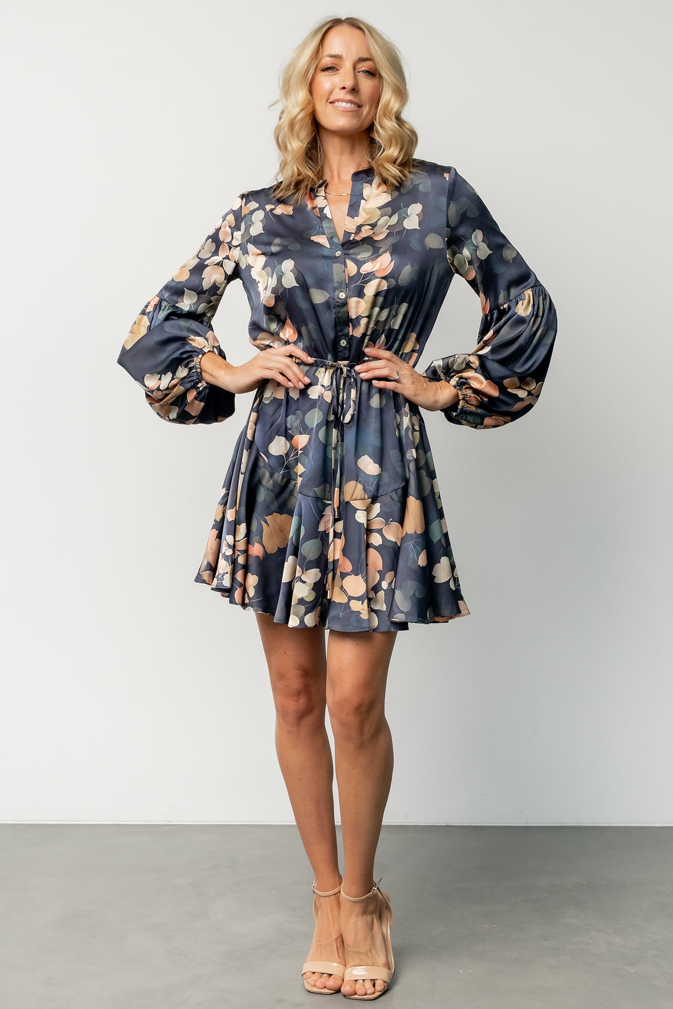 Floral Satin Short Dress with Drawstring Waist | Baltic Born