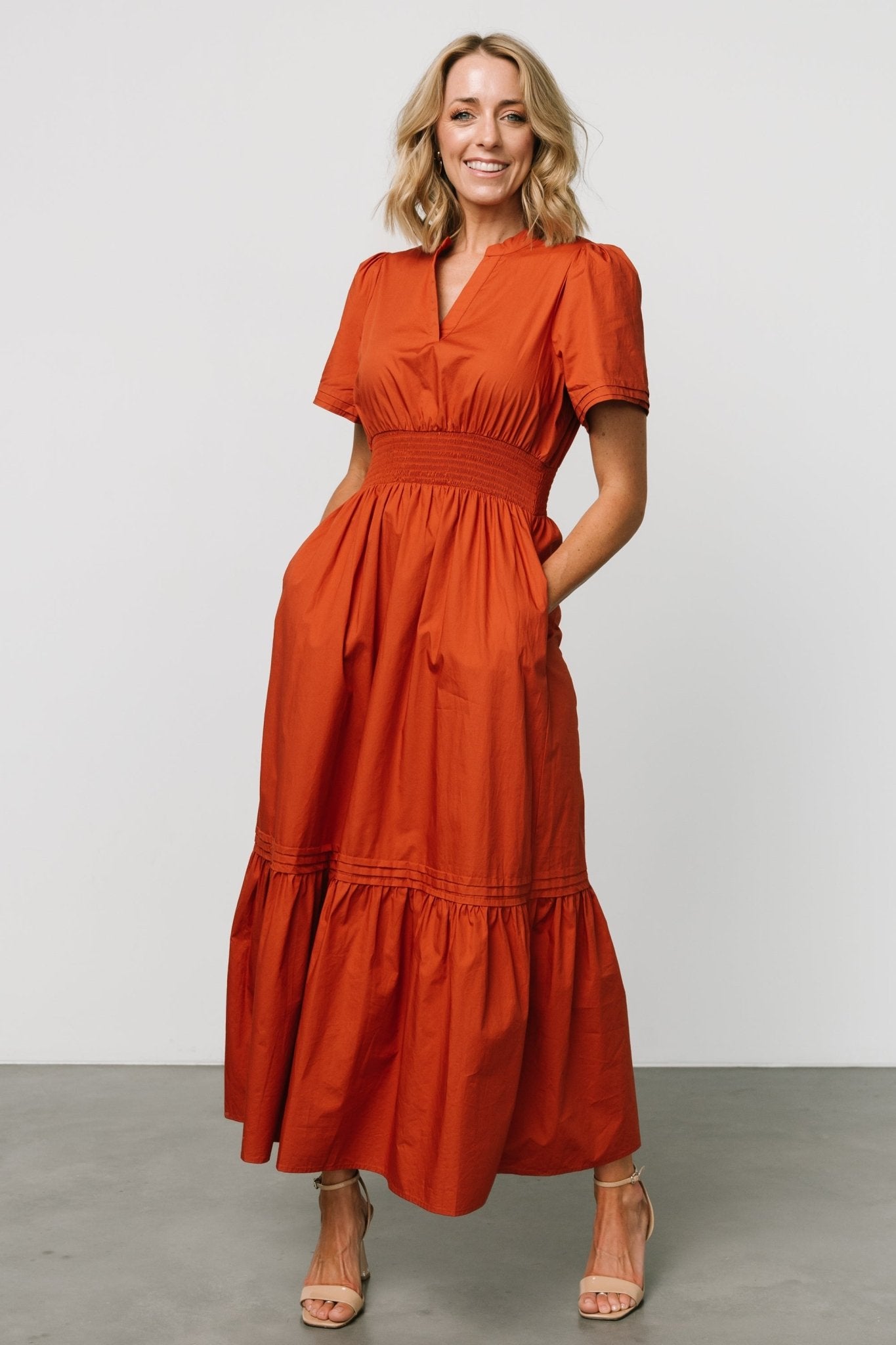 Rust Orange Cotton Maxi Dress with Pockets & Smocked Waist | Vera
