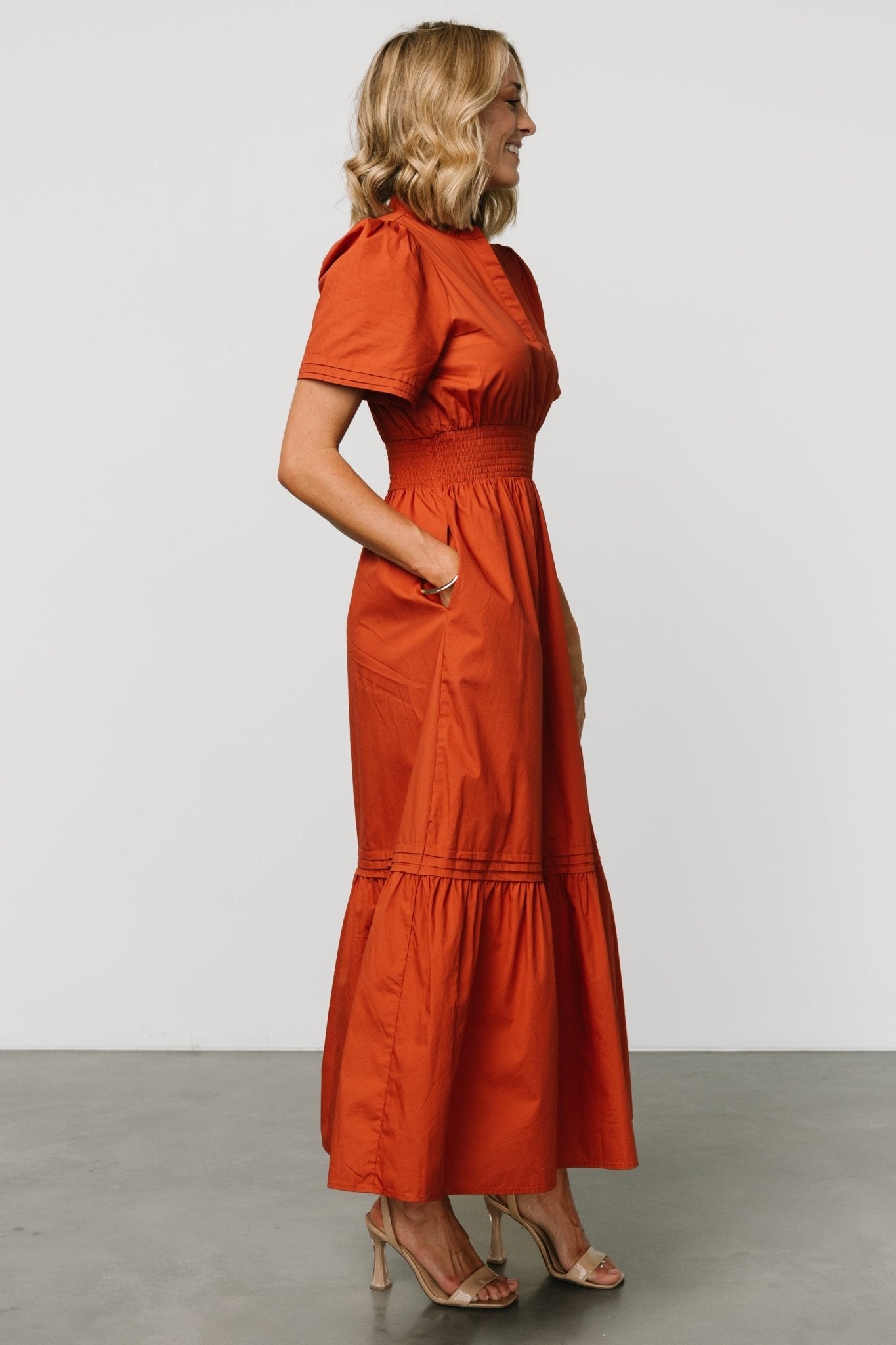 Rust Orange Cotton Maxi Dress with Pockets & Smocked Waist | Vera