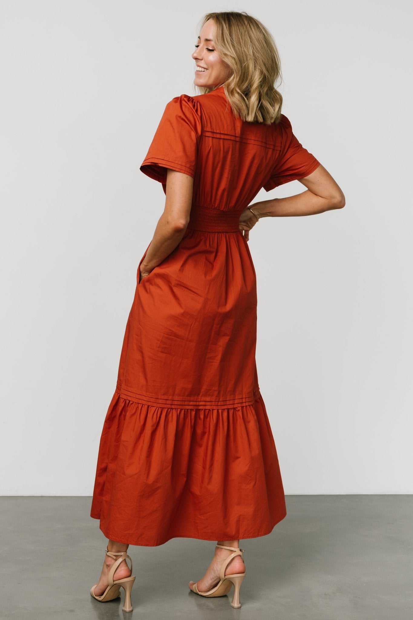 Rust Orange Cotton Maxi Dress with Pockets & Smocked Waist | Vera