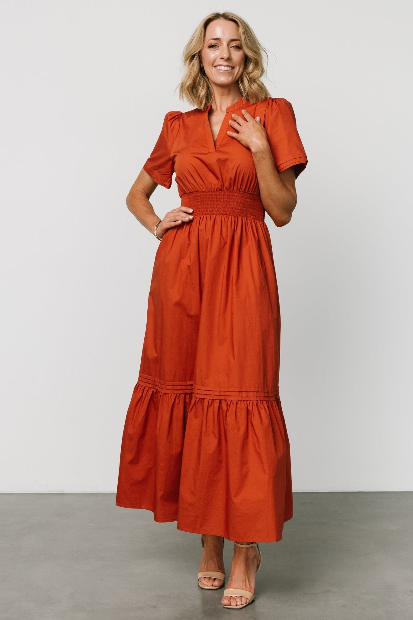 Rust Orange Cotton Maxi Dress with Pockets & Smocked Waist | Vera