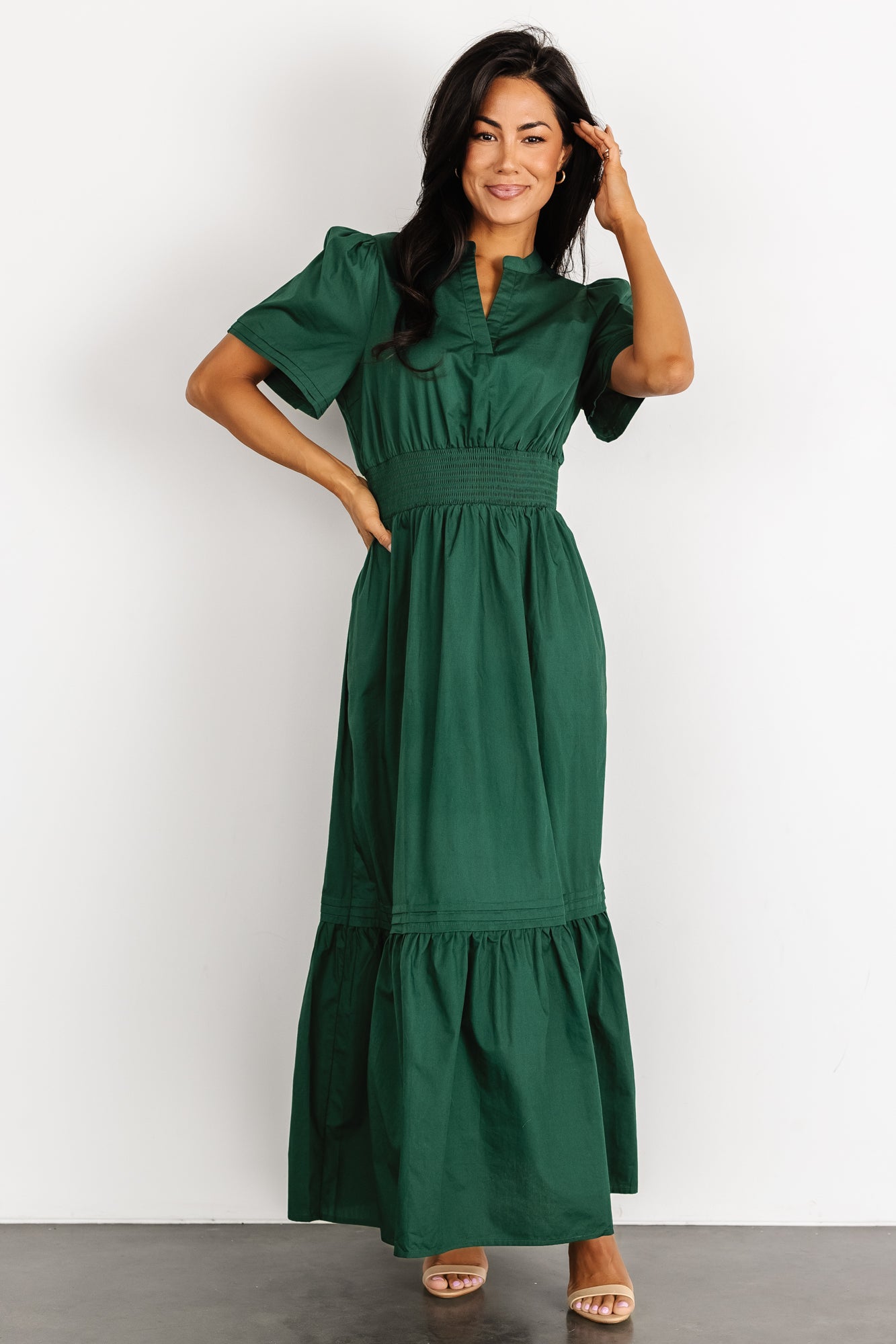 Emerald Green Cotton Maxi Dress with Smocked Waist & Pockets | Baltic Born