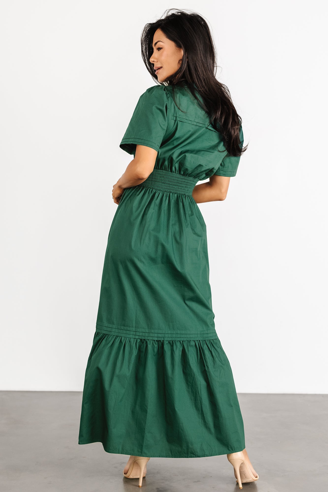 Emerald Green Cotton Maxi Dress with Smocked Waist & Pockets | Baltic Born