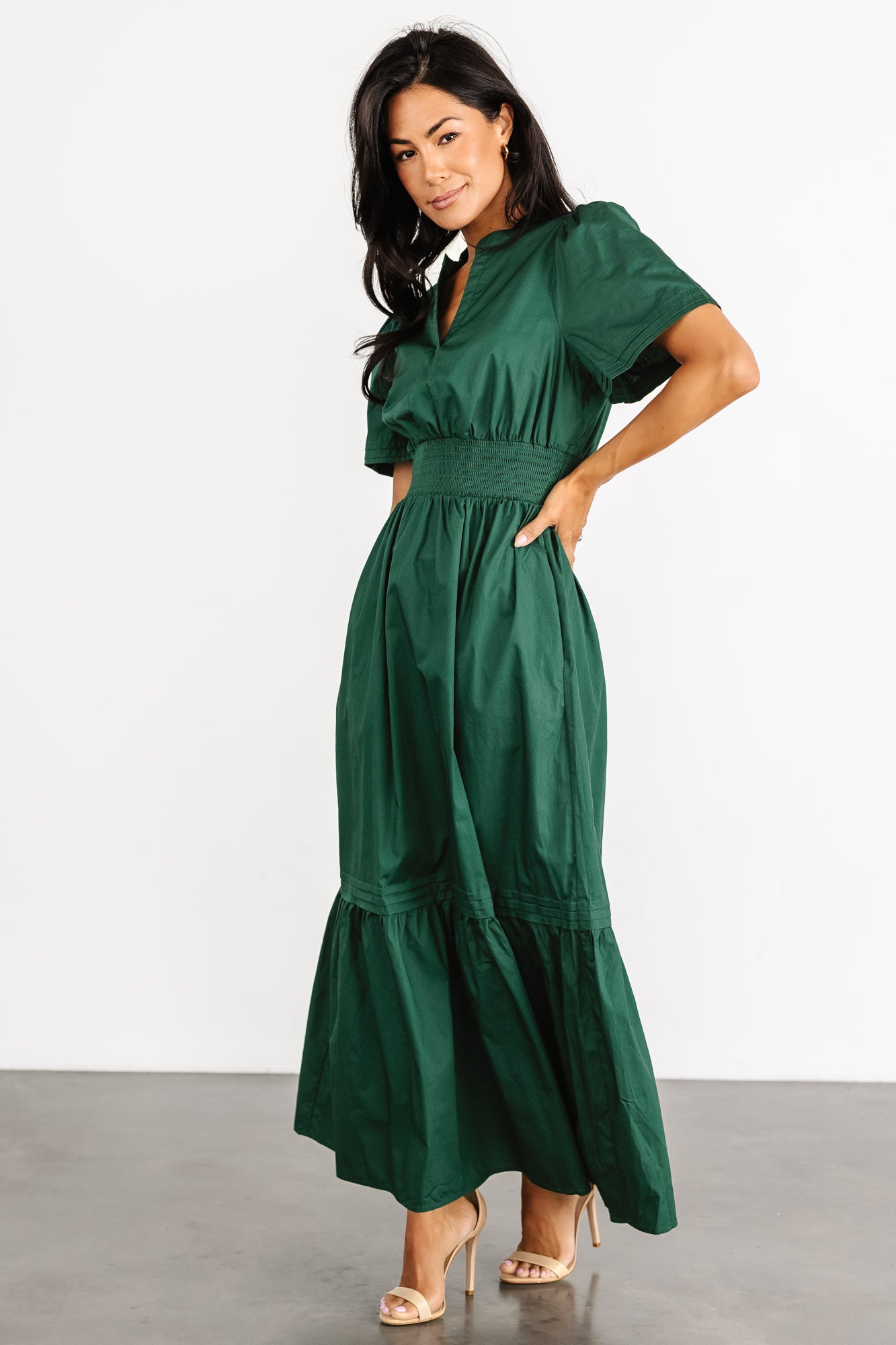 Emerald Green Cotton Maxi Dress with Smocked Waist & Pockets | Baltic Born