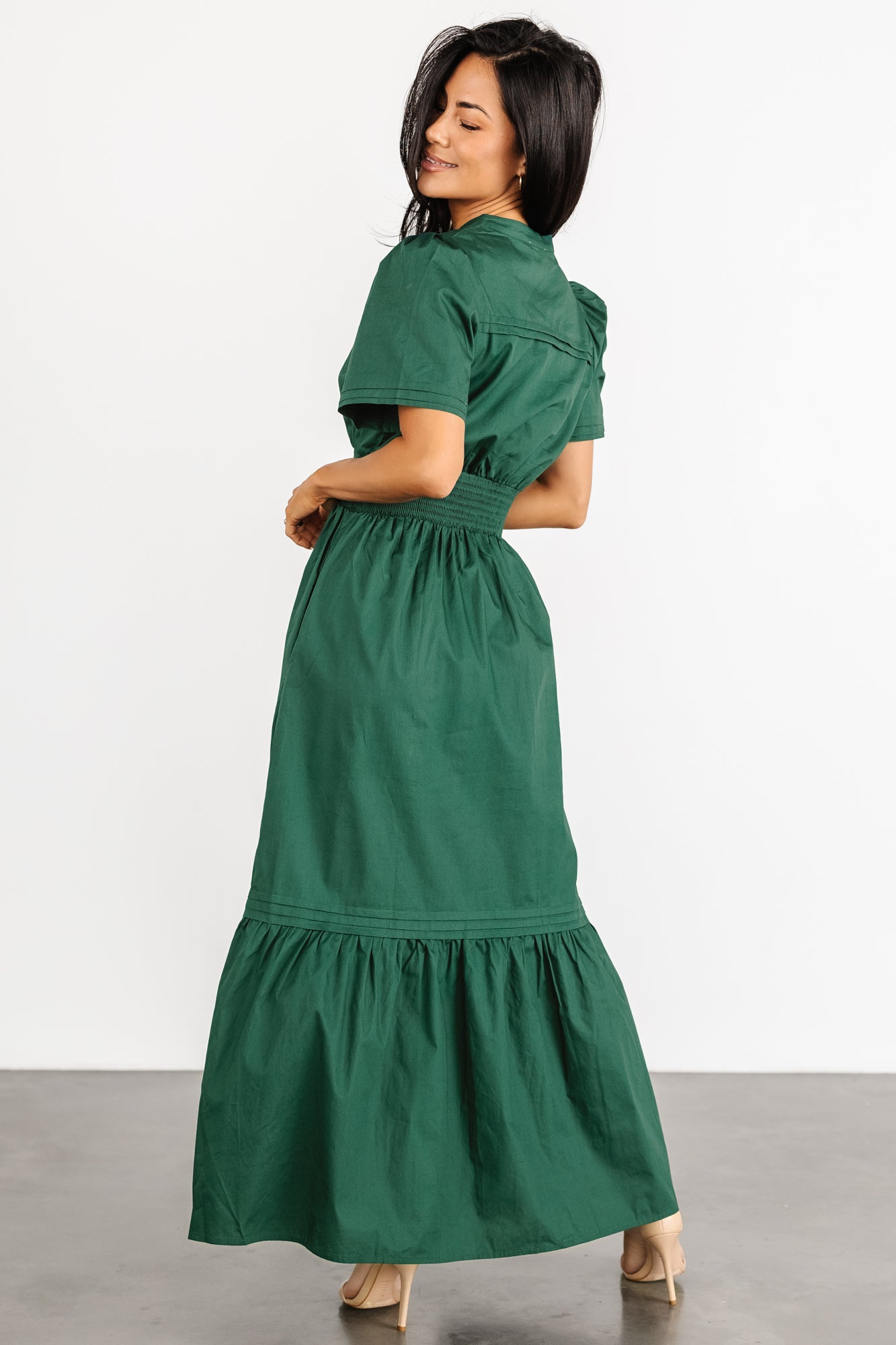 Emerald Green Cotton Maxi Dress with Smocked Waist & Pockets | Baltic Born