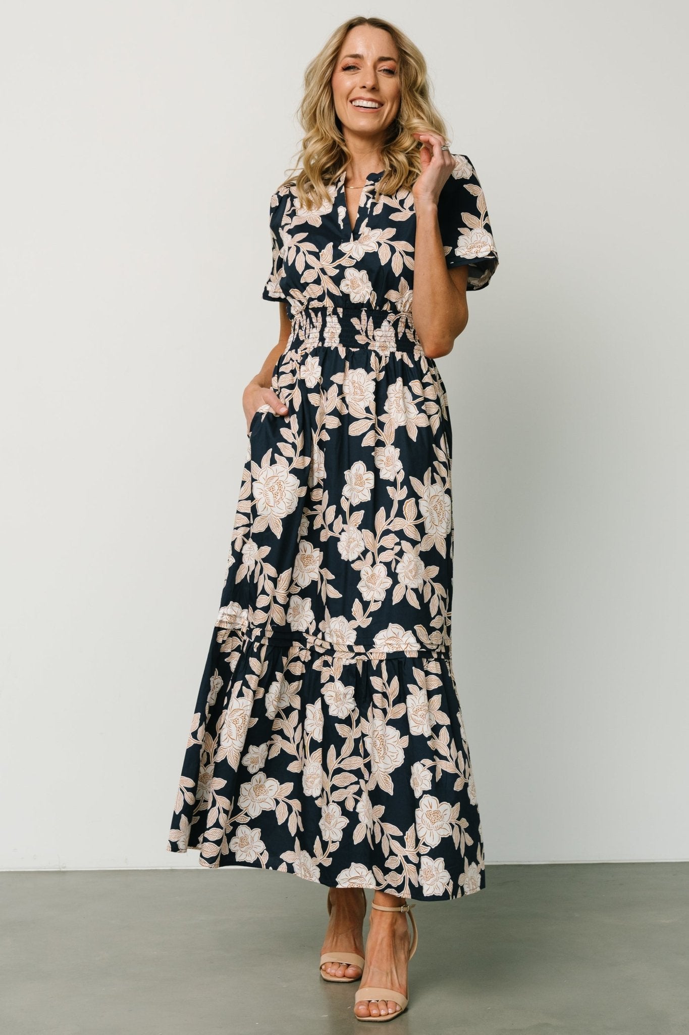 Navy Floral Maxi Dress with Smocked Waist & Side Pockets | Vera