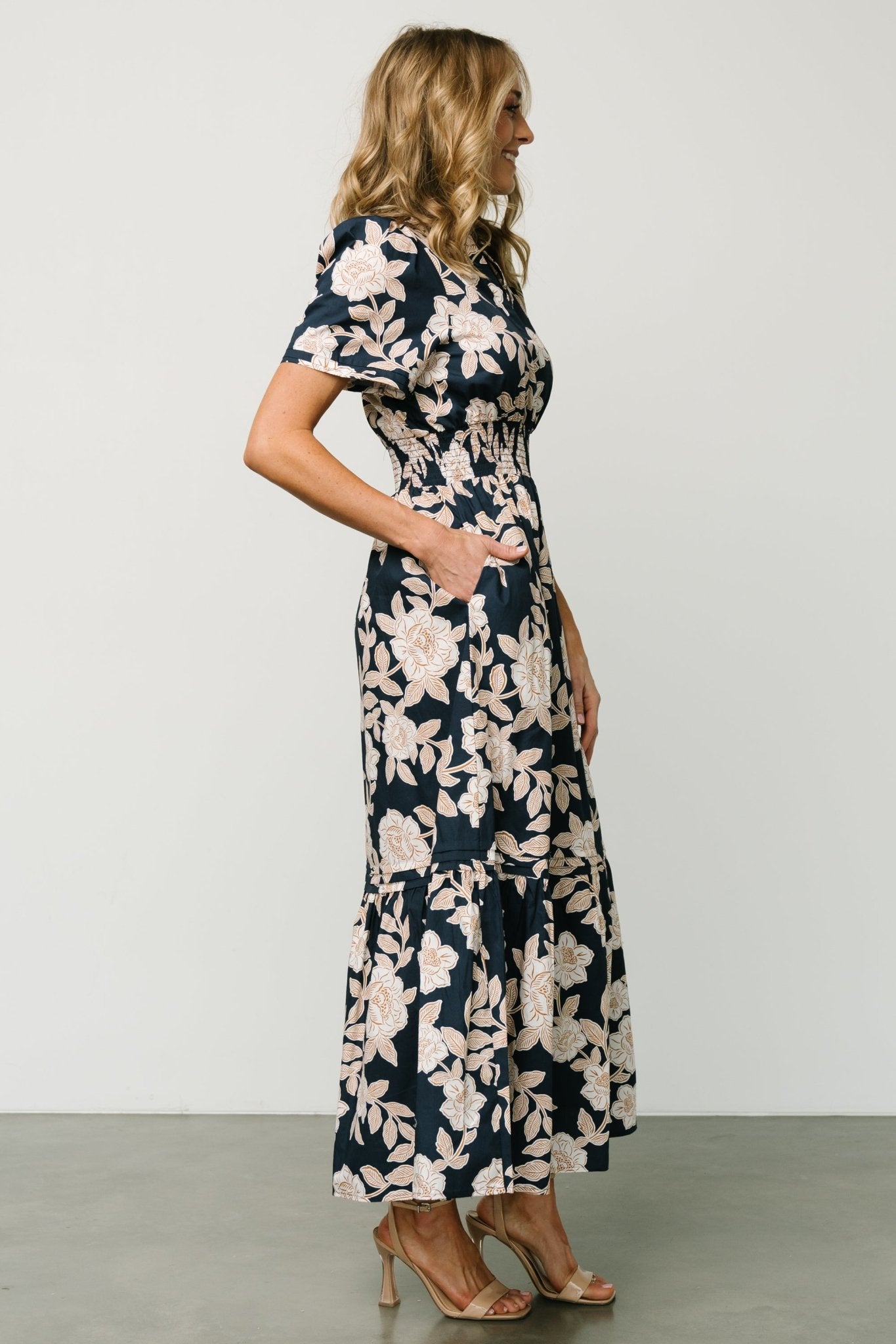 Navy Floral Maxi Dress with Smocked Waist & Side Pockets | Vera