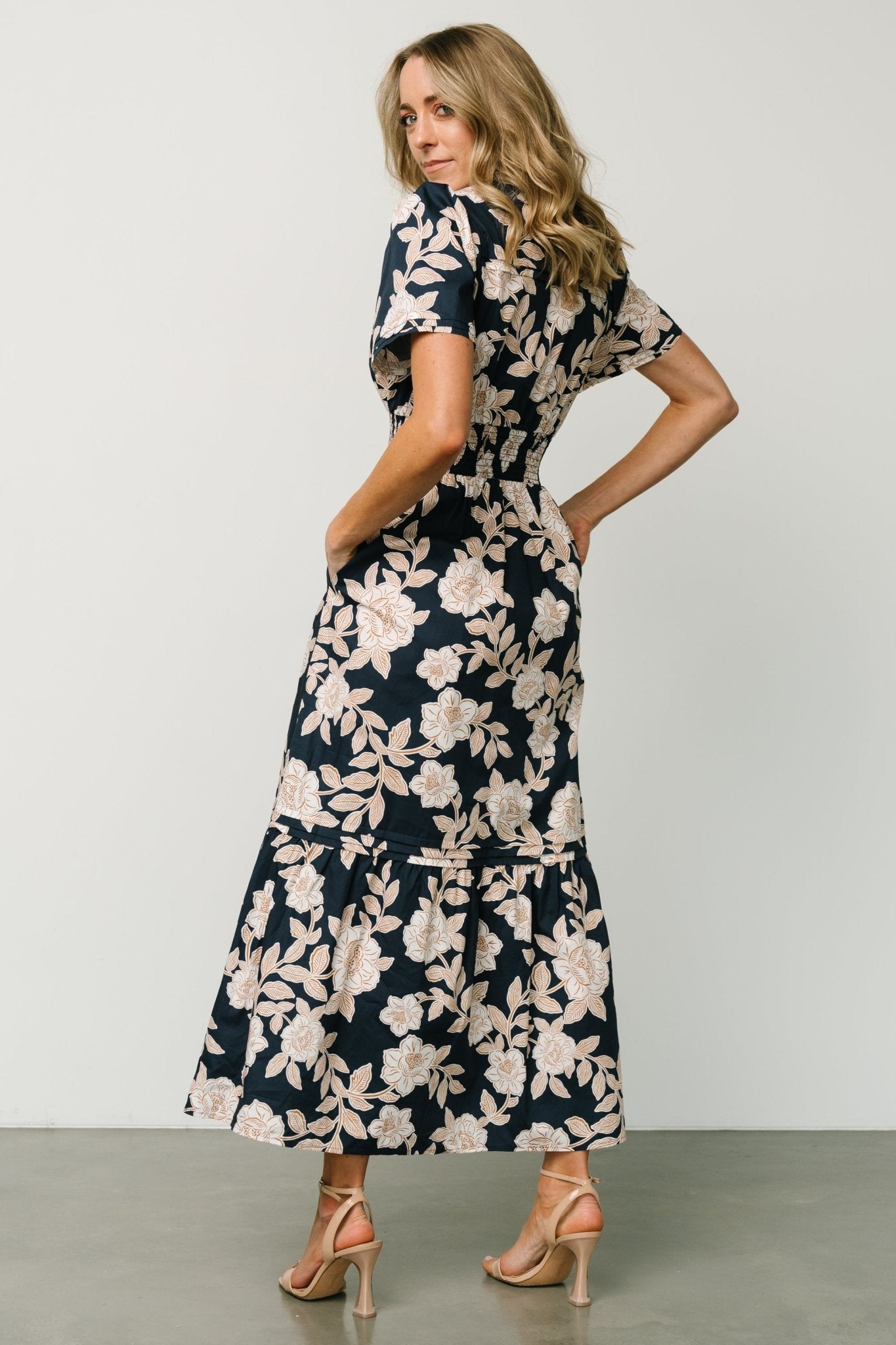 Navy Floral Maxi Dress with Smocked Waist & Side Pockets | Vera