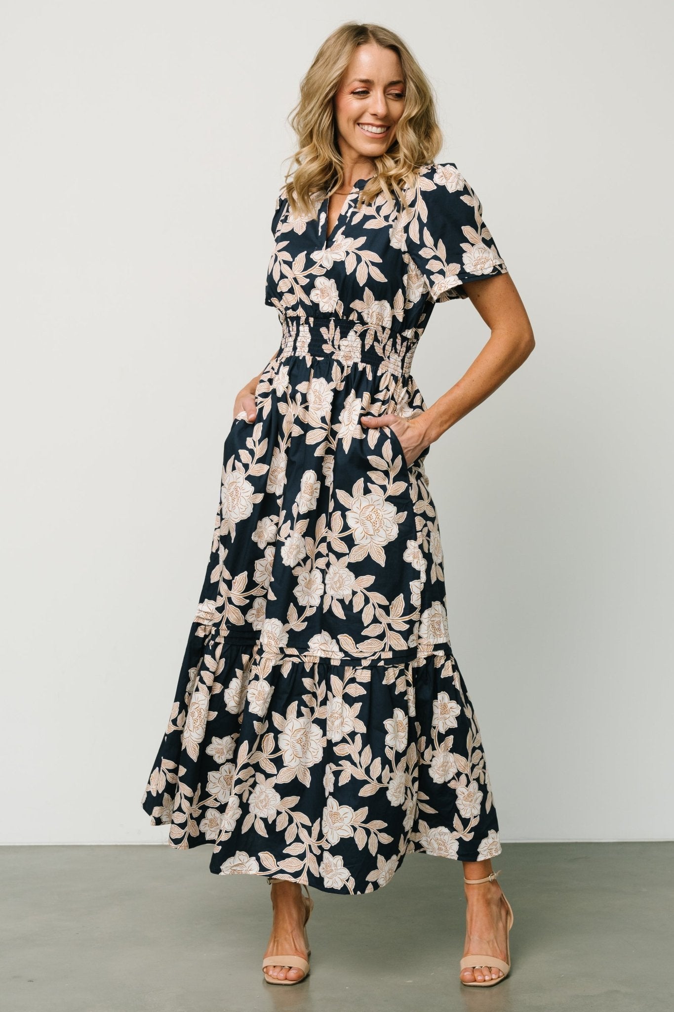 Navy Floral Maxi Dress with Smocked Waist & Side Pockets | Vera
