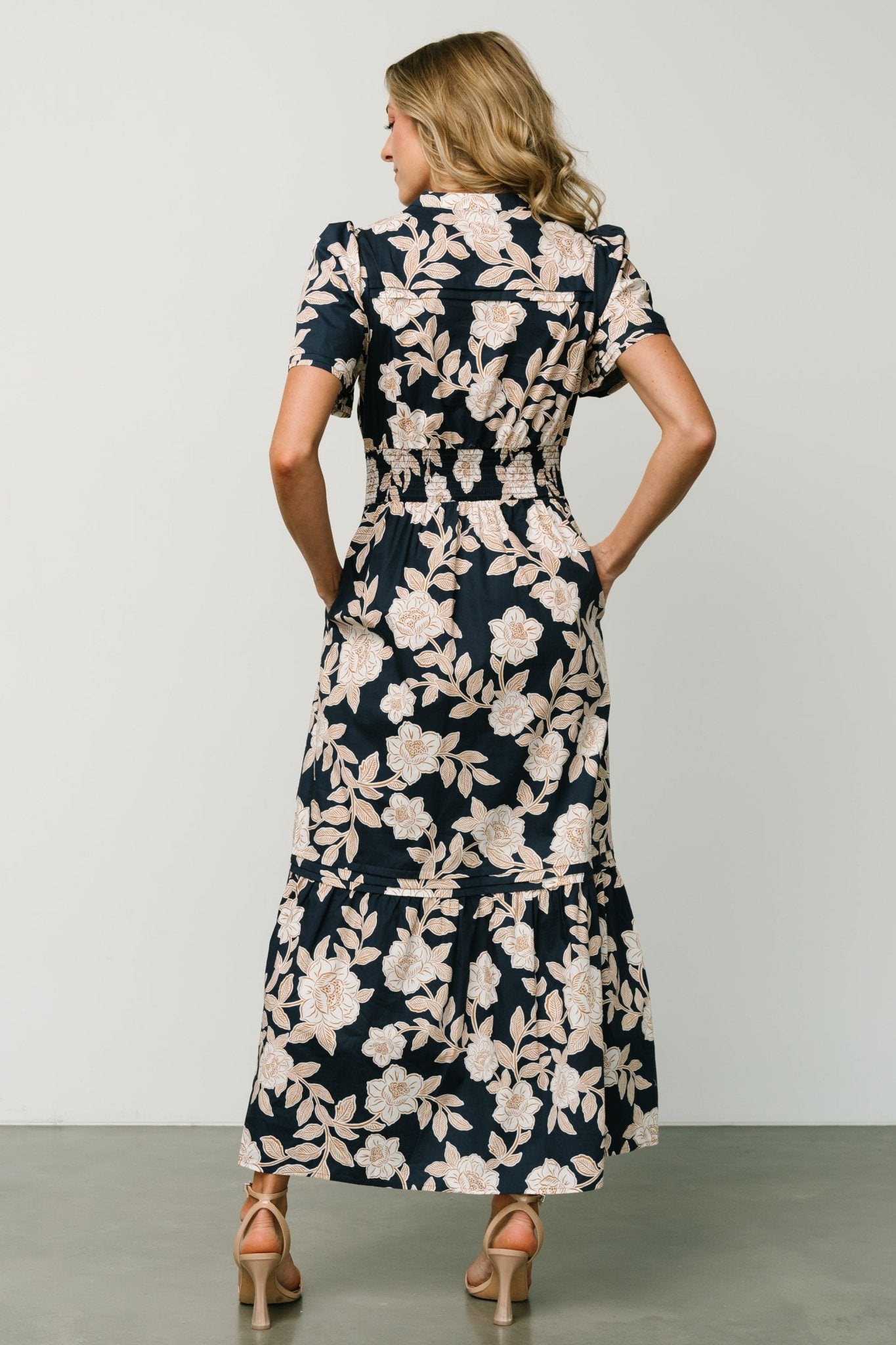 Navy Floral Maxi Dress with Smocked Waist & Side Pockets | Vera