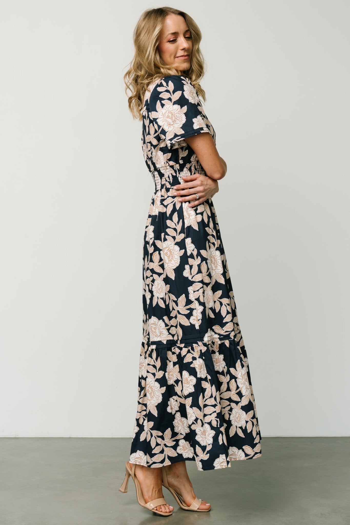Navy Floral Maxi Dress with Smocked Waist & Side Pockets | Vera